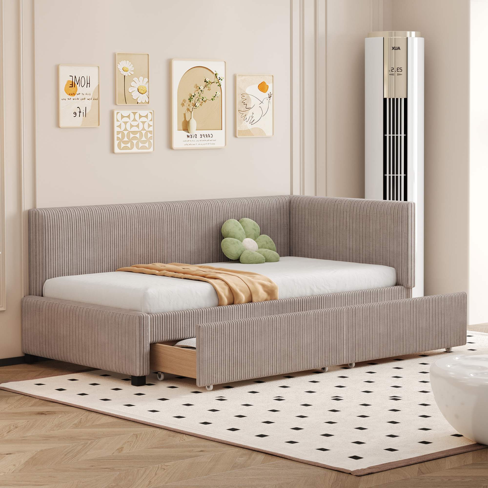 Upholstered Bed Sofa Bed 90x200 Multifunctional Bed With 2 Large Storage Drawers And Slatted Frame Skin-friendly Velvet Fabric Grey