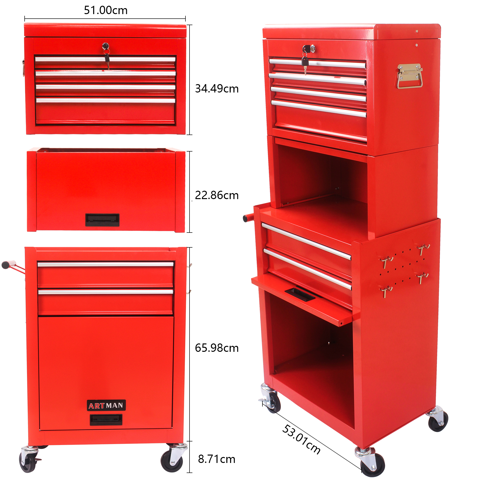 Symbol Cabinet On Wheels, 6-Switchable Roll Toolbox With 4 Universal Wheels, 2 In 1 Detachable Toolbox Storage Organizer For Garage Workshop Repair Workshop, Red Red