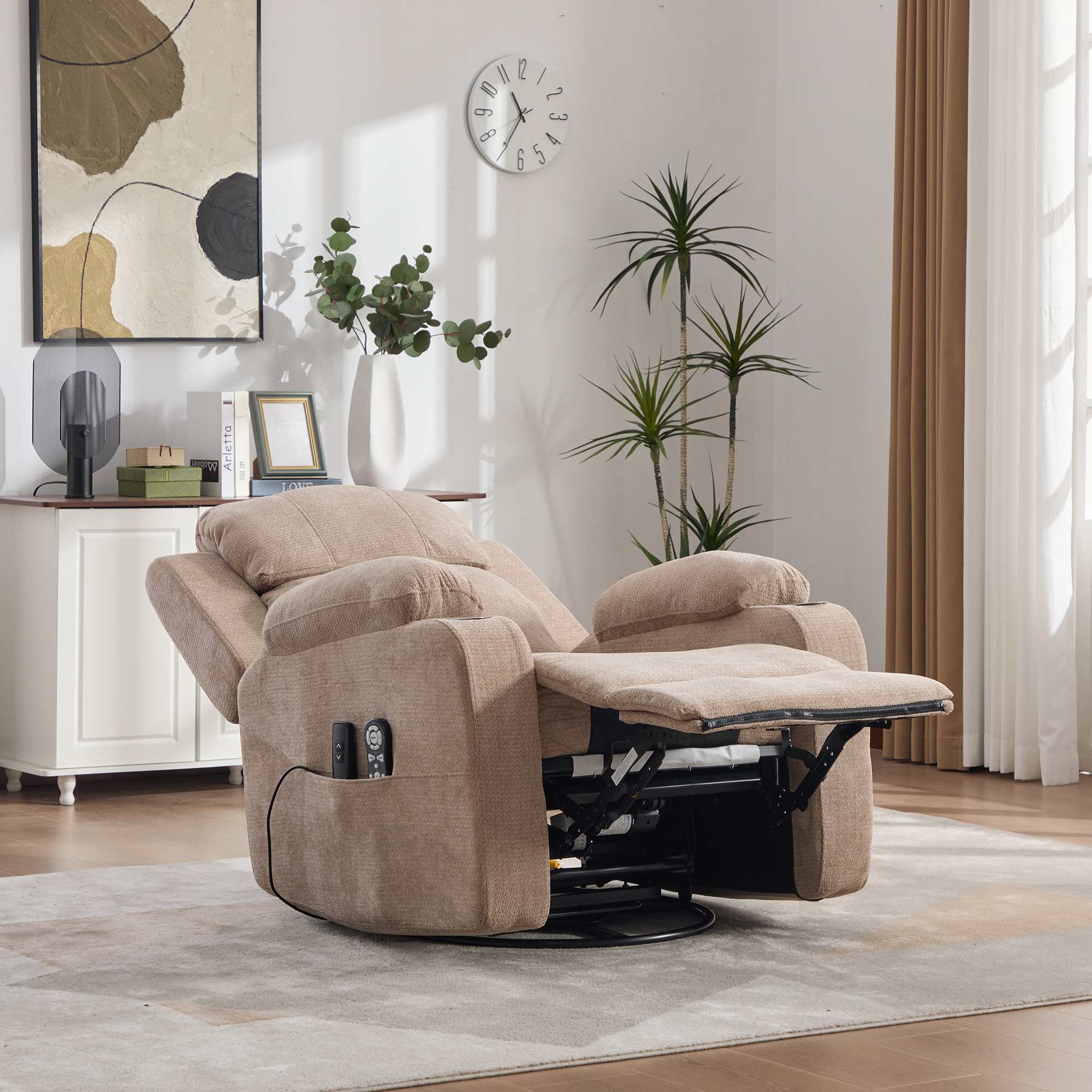 Electric 360 Swivel Recliner With Massage And Heat Function, Electrically Adjustable Backrest And Footrest, As Well As Side Storage Pockets And Cup Holders.