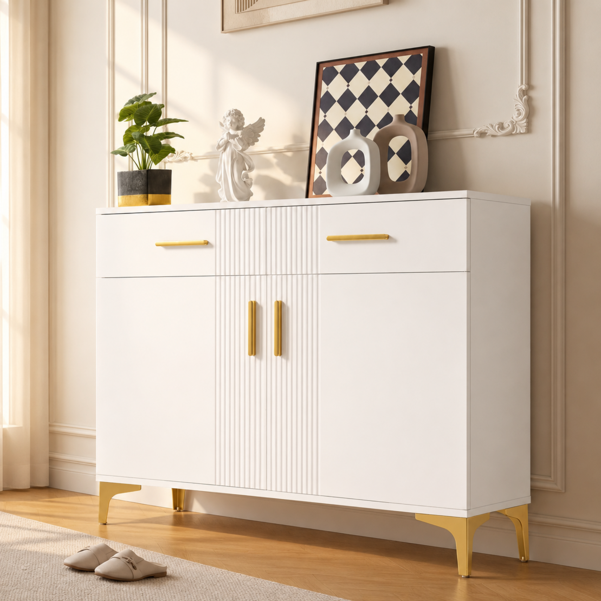 Modern Sideboard Chest Of Drawers With 2 Doors And 2 Drawers  Storage Cabinet With Metal Handles And Metal Feet For The Living Room, Hallway Or Dining Room. Dimensions 80 Cm  W X35 Cm  Dx79.5 C