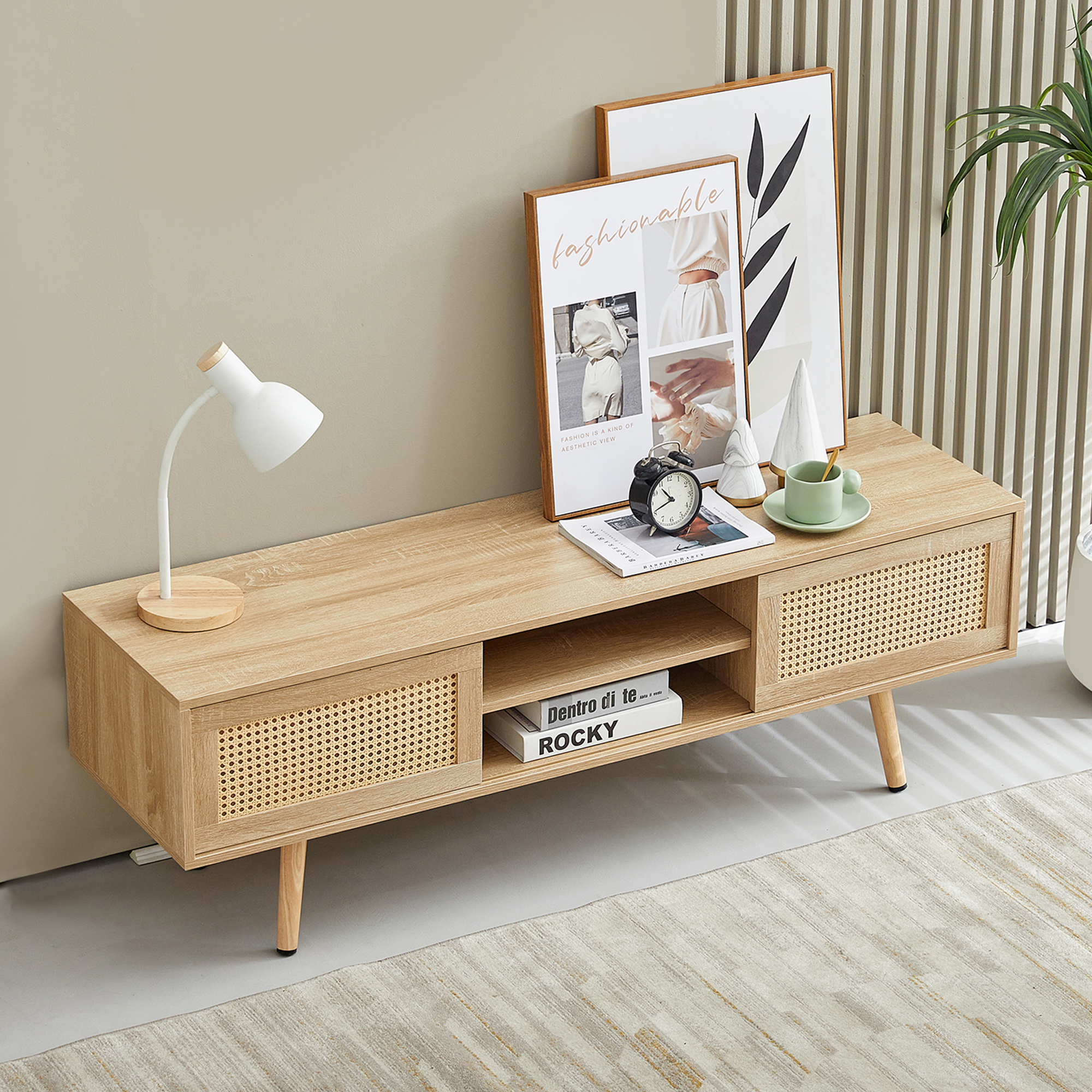 Wicker TV Cabinet With Double Sliding Doors, Storage Space, Adjustable Shelves And Solid Wood Legs. Living Room TV Cabinet, Natural Wood Effect  H45 W1400 D40 Cm