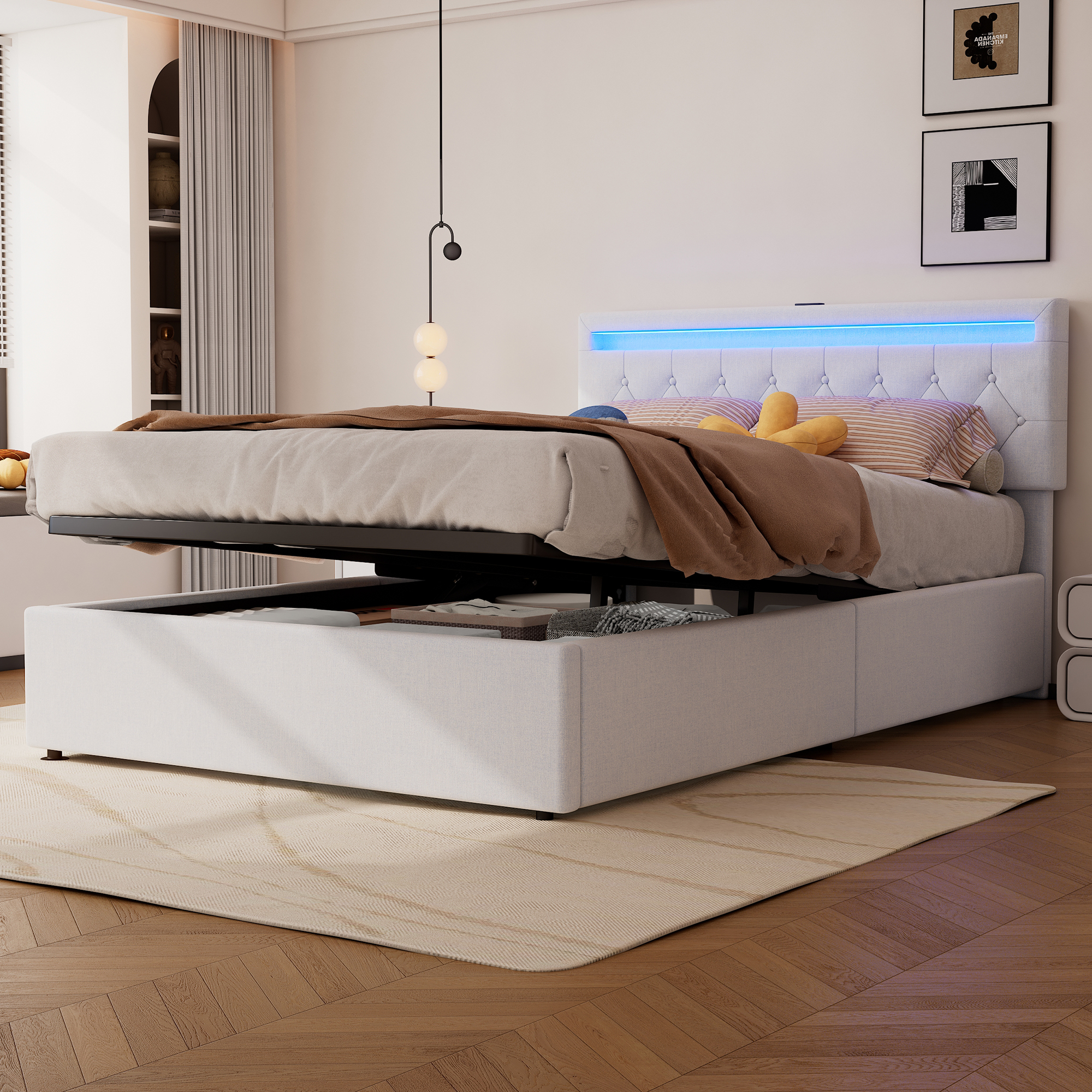 140x200cm Flat Bed, Upholstered Bed, Ambient Light By Bed, Bed Can Be Raised And Lowered, USB And Type-C Socket By Bed, Large Storage Space, White