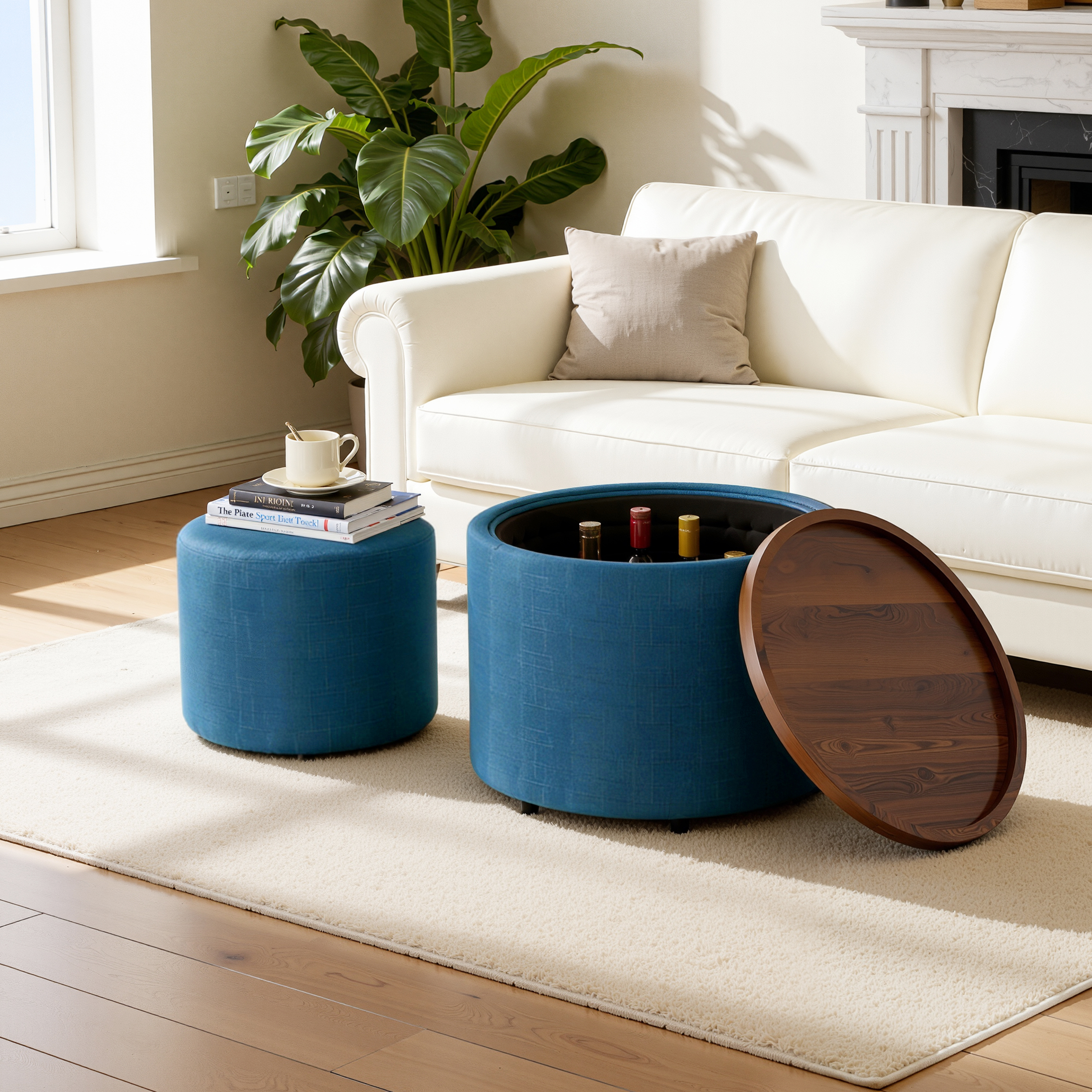 Ball & Cast Set Of 2 Nesting Stool With Storage, Footstool With Linen Cover And Wooden Shelf, 58 Cm Round Coffee Table & Bench, Blue