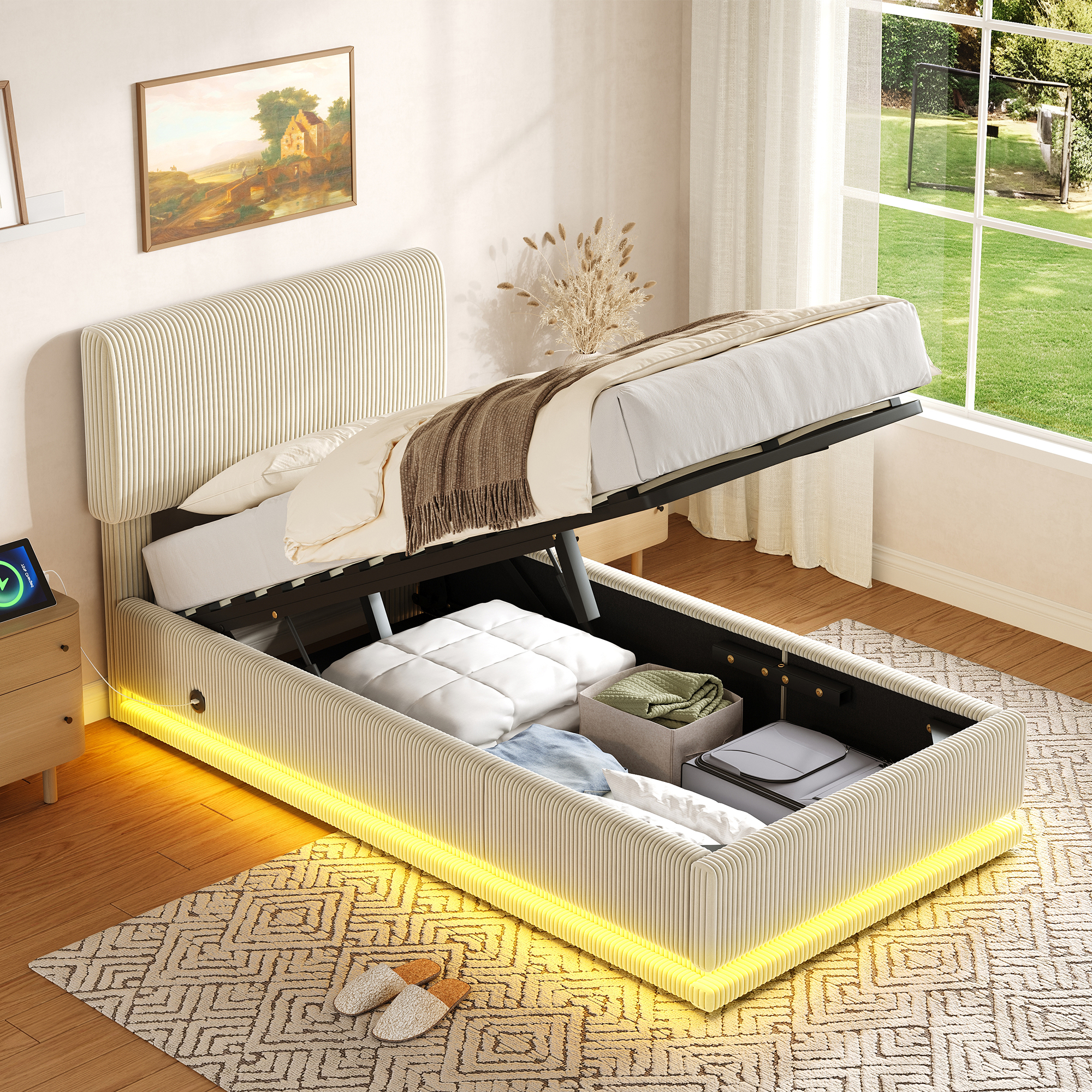 Modern Upholstered Beds With LED Lighting And USB-C Charging Function, Height-adjustable Headboard, Corduroy Fabric, Sturdy Slatted Frame, Large Underbed Storage Space And Comfortable Upholstered Head