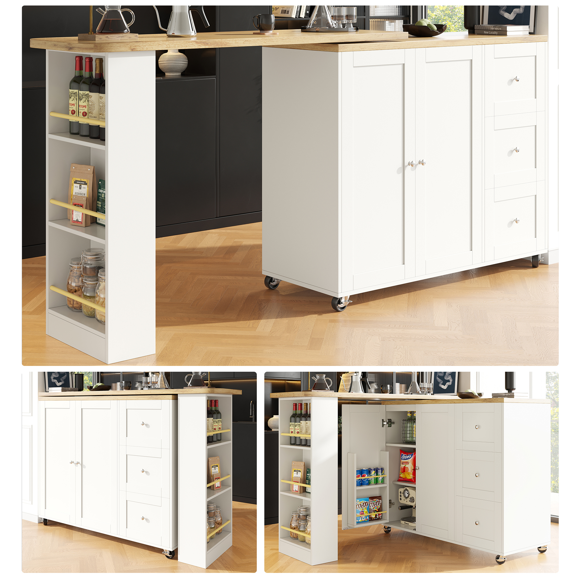 360 Swivel Bar Table  135-203 X 39 X 106cm On Wheels, White, With Three Drawers. Comes With Snack Holder. Multifunctional Storage Island, Suitable For Kitchen And Living Room.