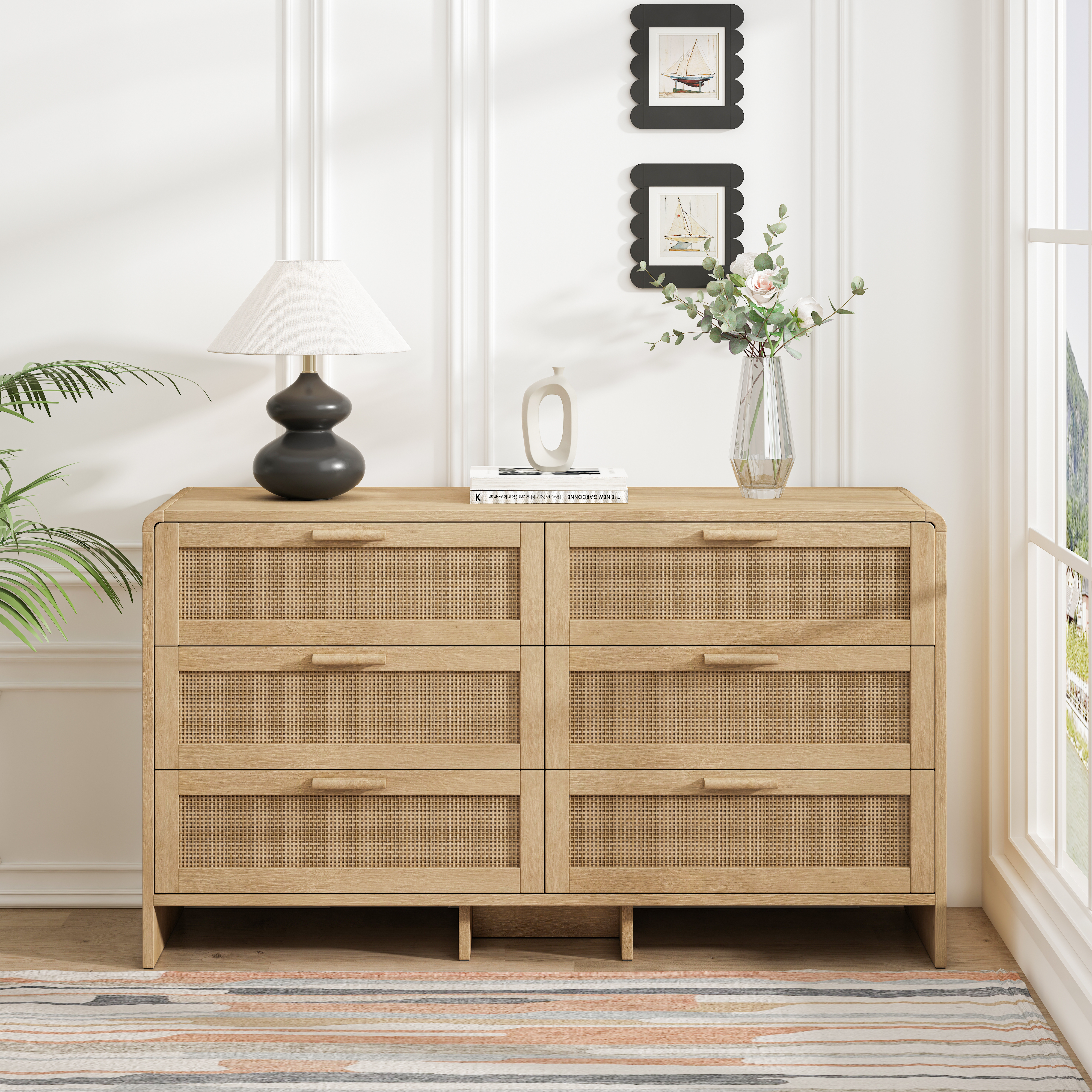 130CM  Shaped Corner Rattan Cabinet, 6-Drawers Rattan Storage Cabinet Rattan Drawer, For Living Room Bedroom,and Kitchen, Natural