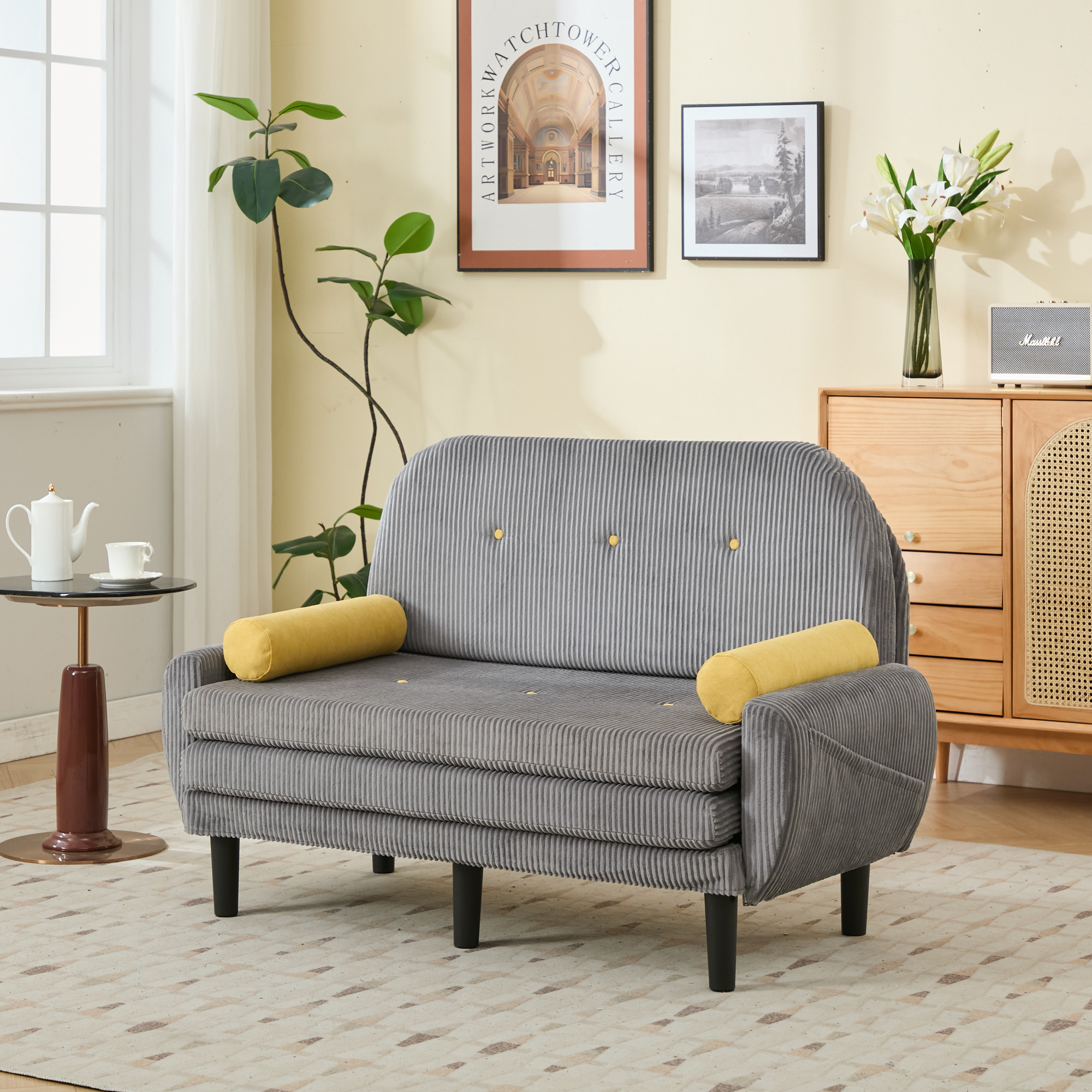 Grey Corduroy Loveseat Sofa For The Living Room, As A Daybed And Recliner With Storage Space.