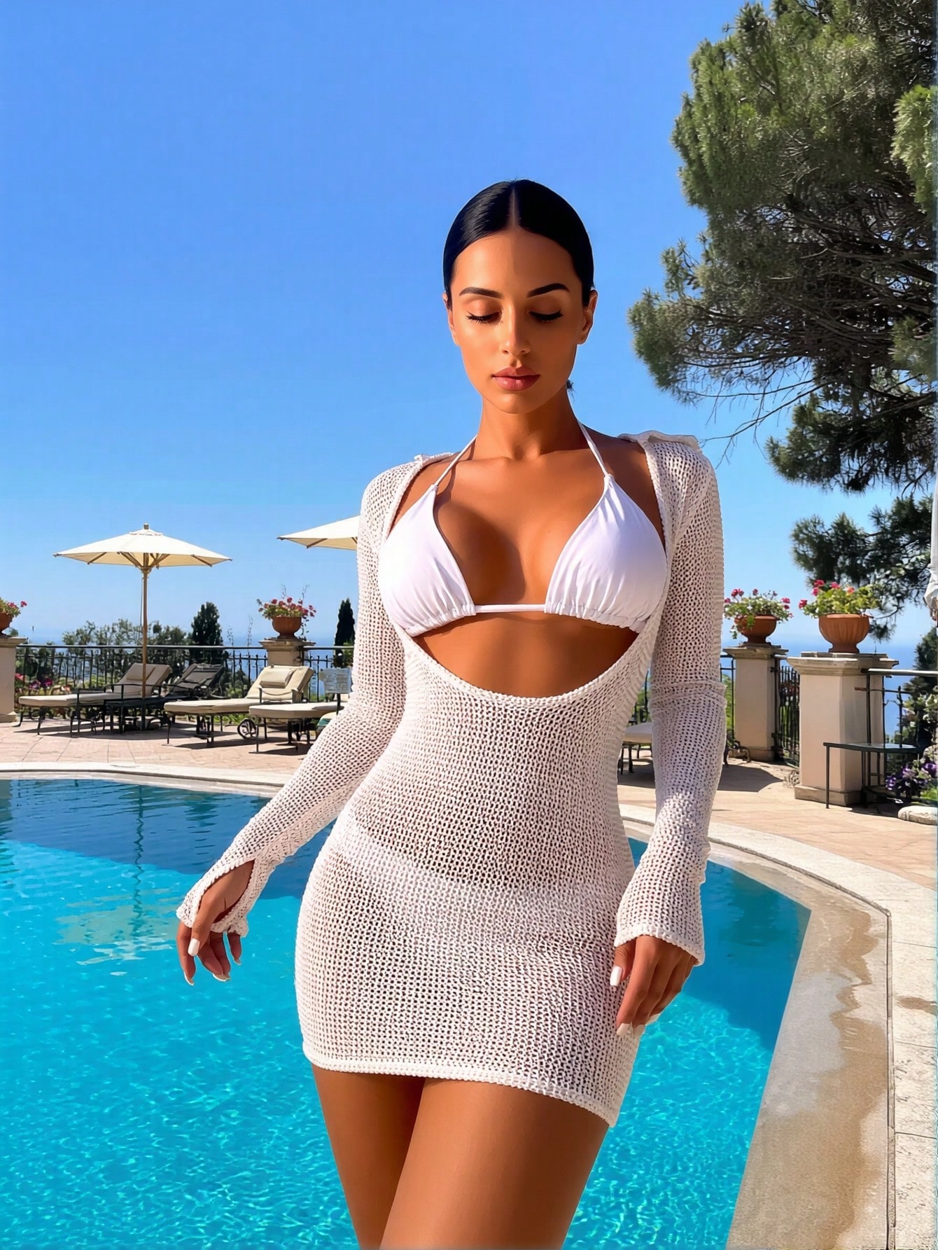 2026 New White Halter Bikini + Hollow Out Knit Cover Up Dress 2 Piece Set, Sun Protection Vacation Swimwear — foto 4