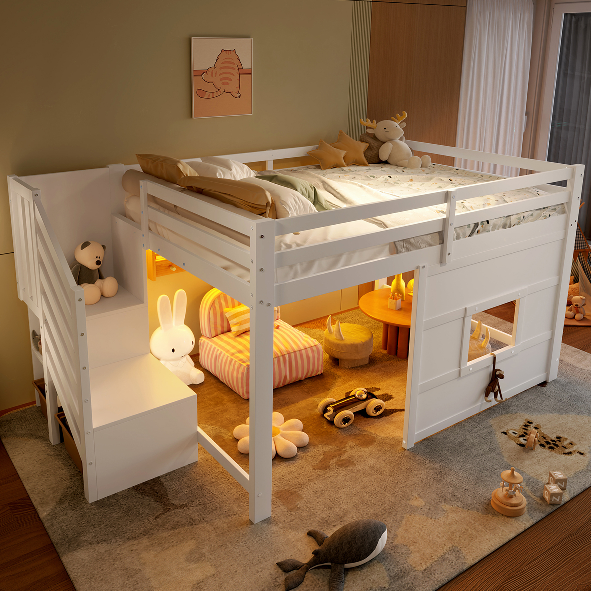 140x200 Loft Bed With Storage Stairs And Window, White