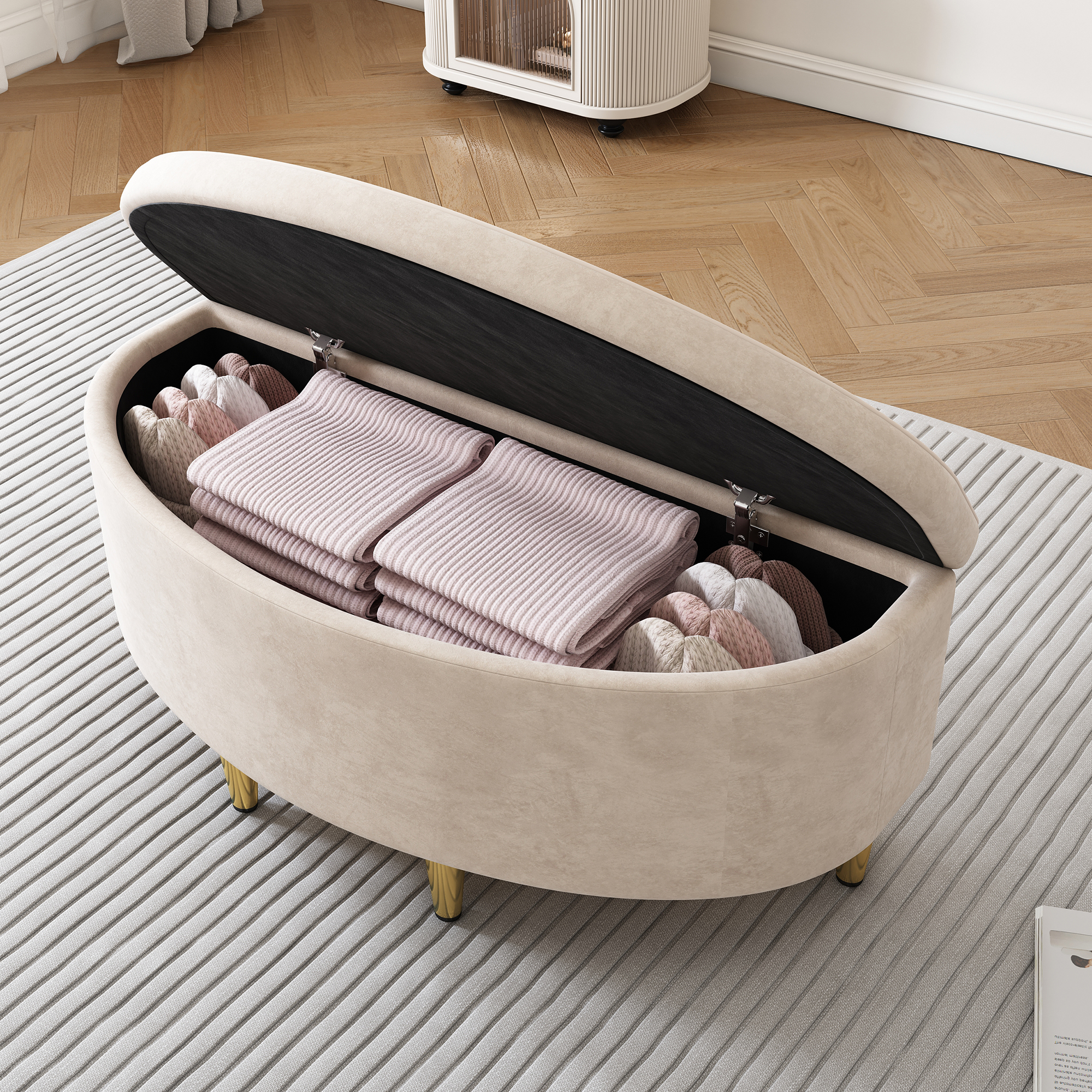 Upholstered Bench With Storage, Upholstered Bench With Velvet Storage Box, Footstool With Metal Legs, Suitable For Hallway, Living Room, Bedroom, 90 X 40 X 42 Cm, Beige