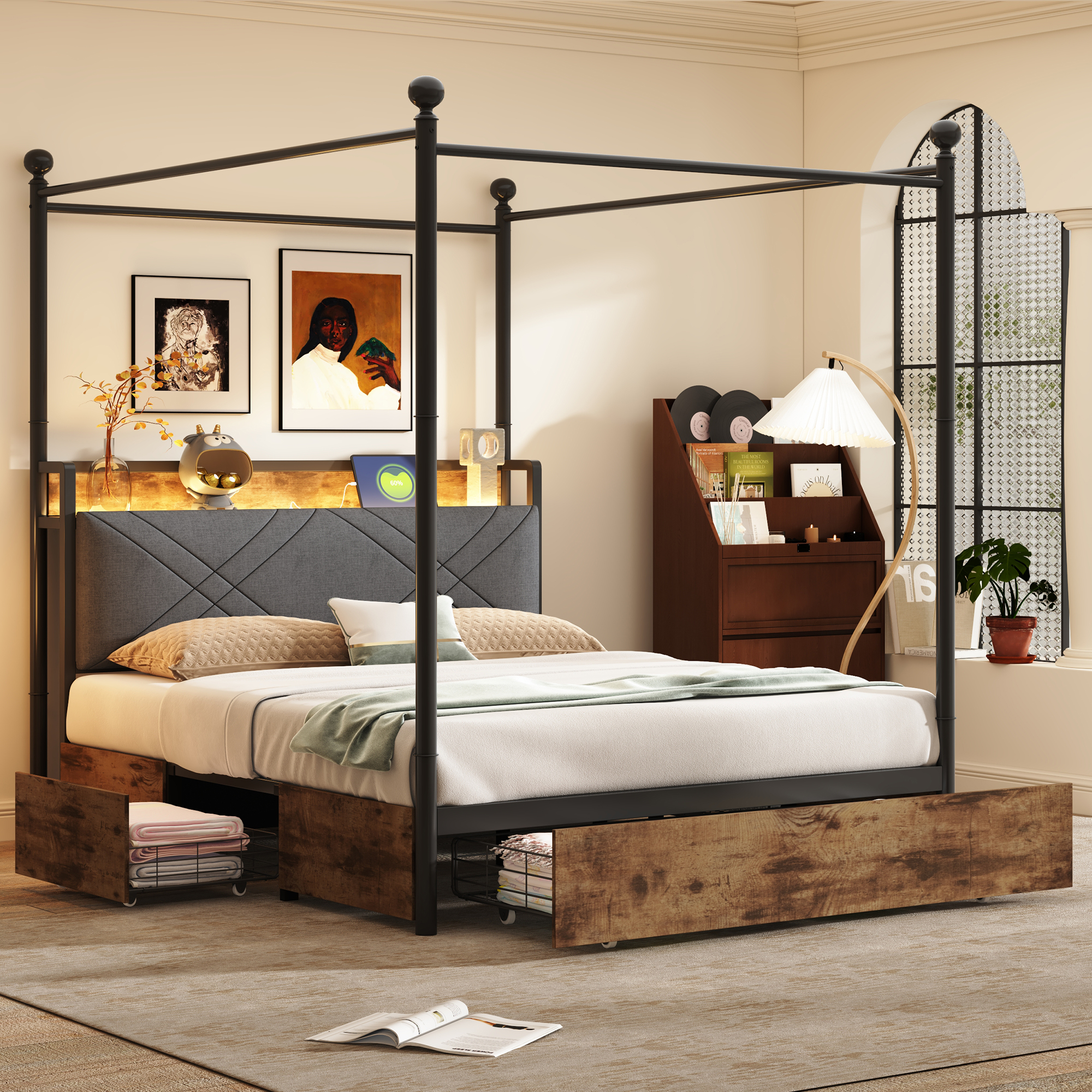 Multifunctional Double Bed 140 X 190, With Storage Space And Iron Canopy, With Removable Bed Posts With LED Lighting And USB Type-C Charging Ports And Three Drawers, Black