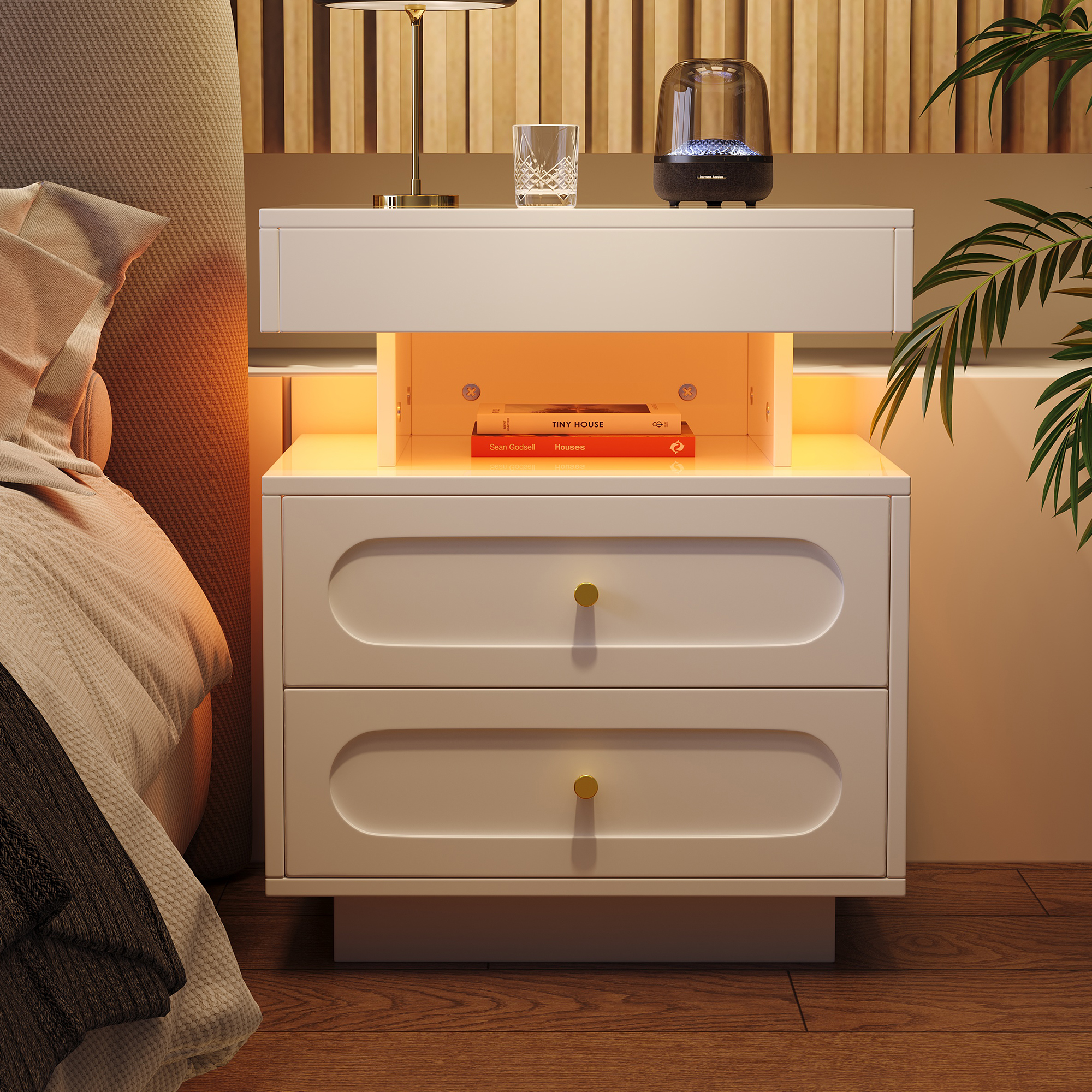 Bedside Table Bedside Cabinet With LED Lighting Bedside Chest Of Drawers With 2 Drawers, 1 Open Storage Room,White, W50 D40 H60 Cm