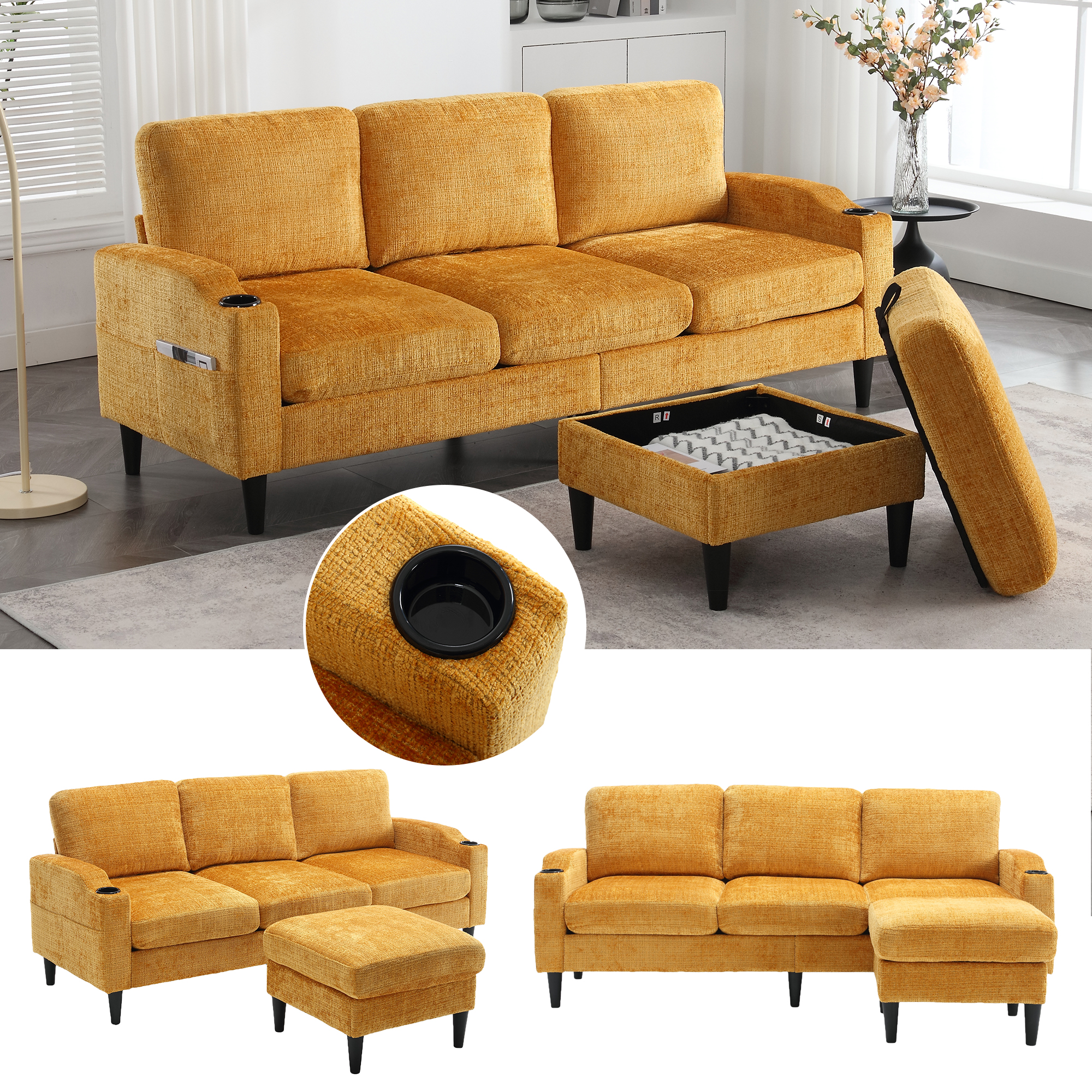 Elegant Sofa With Stool & Storage  4-seater With Comfortable Armrests, Cup Holder, Side Pockets & Sturdy Plastic Feet, Velvet Cover For Skin-friendly Comfort