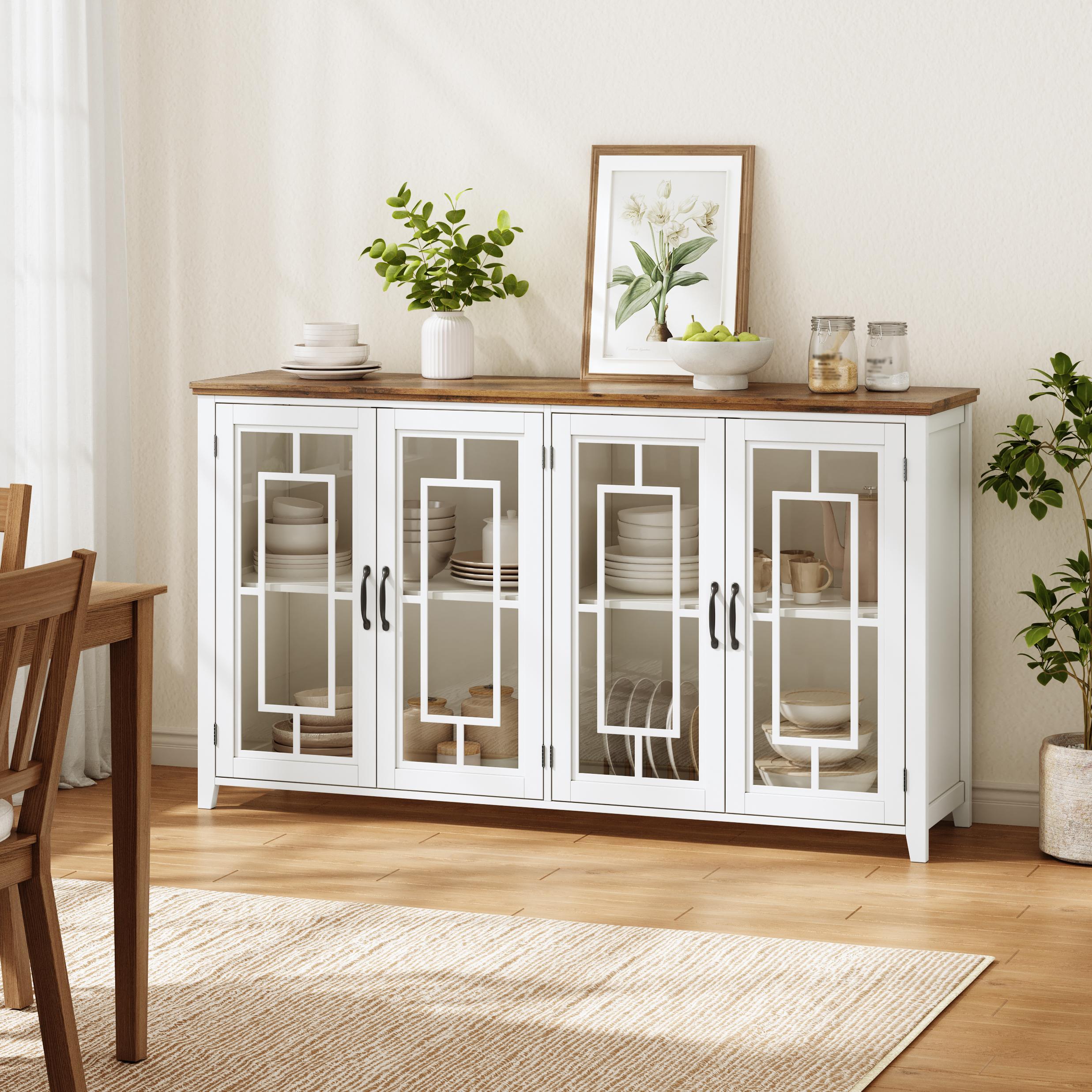 160cm Wide Kitchen Sideboard With Glass Doors, A Spacious Storage Compartment, A Wood-look Worktop And An Anti-tilt Device.This Modern Sideboard Is Suitable For Kitchens, Dining Rooms And Living Rooms