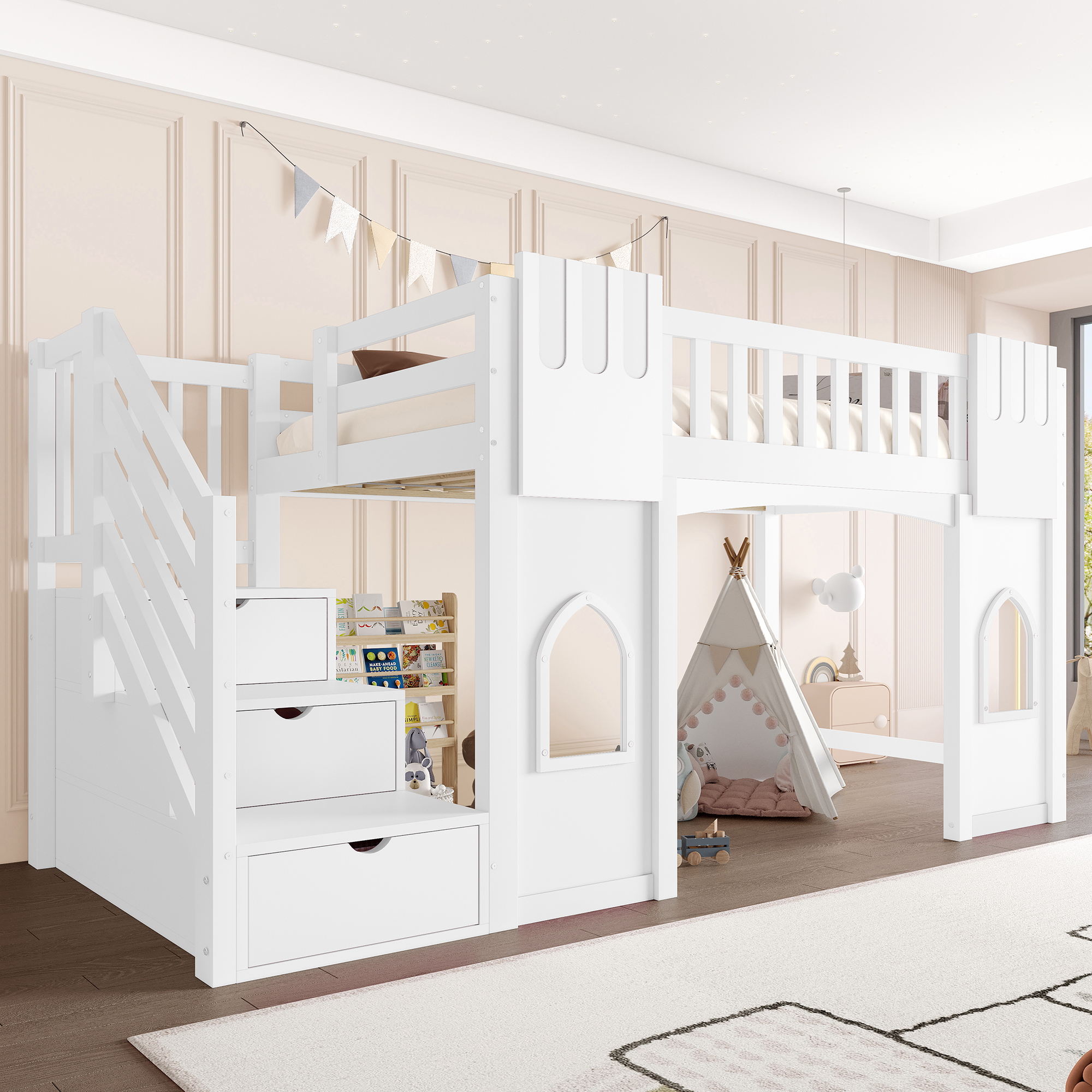 90 X 200 Cm Loft Bed With Storage Stairs And Window, White