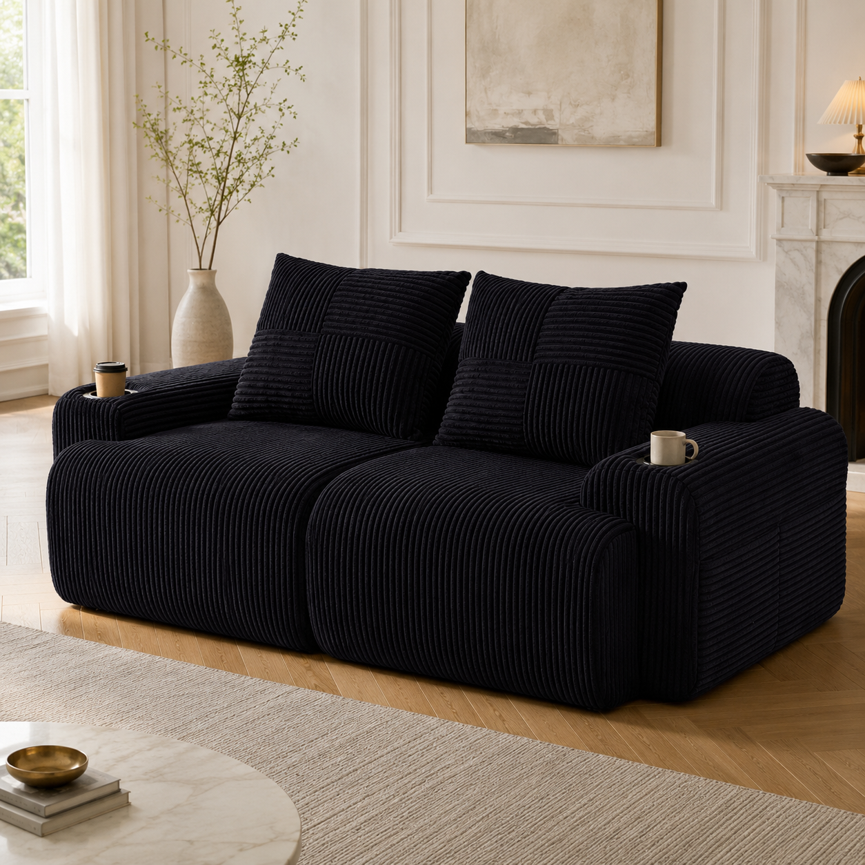 Modular Corduroy Sofa For 2 People, Freely Combinable, Vacuum-packed Including Cup Holder And Side Storage Bag. Ideal For Living Rooms, Family Rooms And Other Rooms.Black