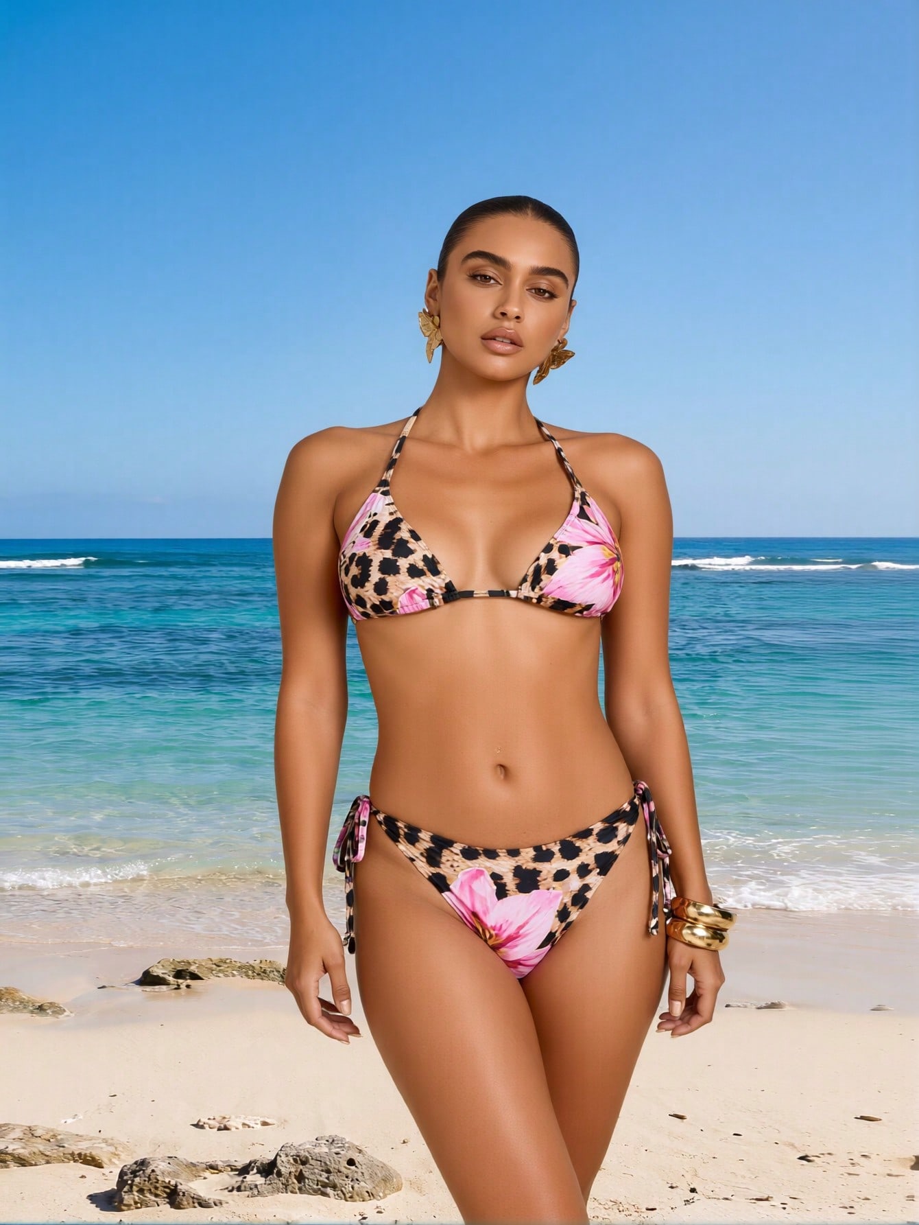 2026 New Tropical Print Bikini Set Women's Leopard & Floral Triangle Two-Piece Swimsuit For Beach Vacation, Sexy & Flattering — foto 4