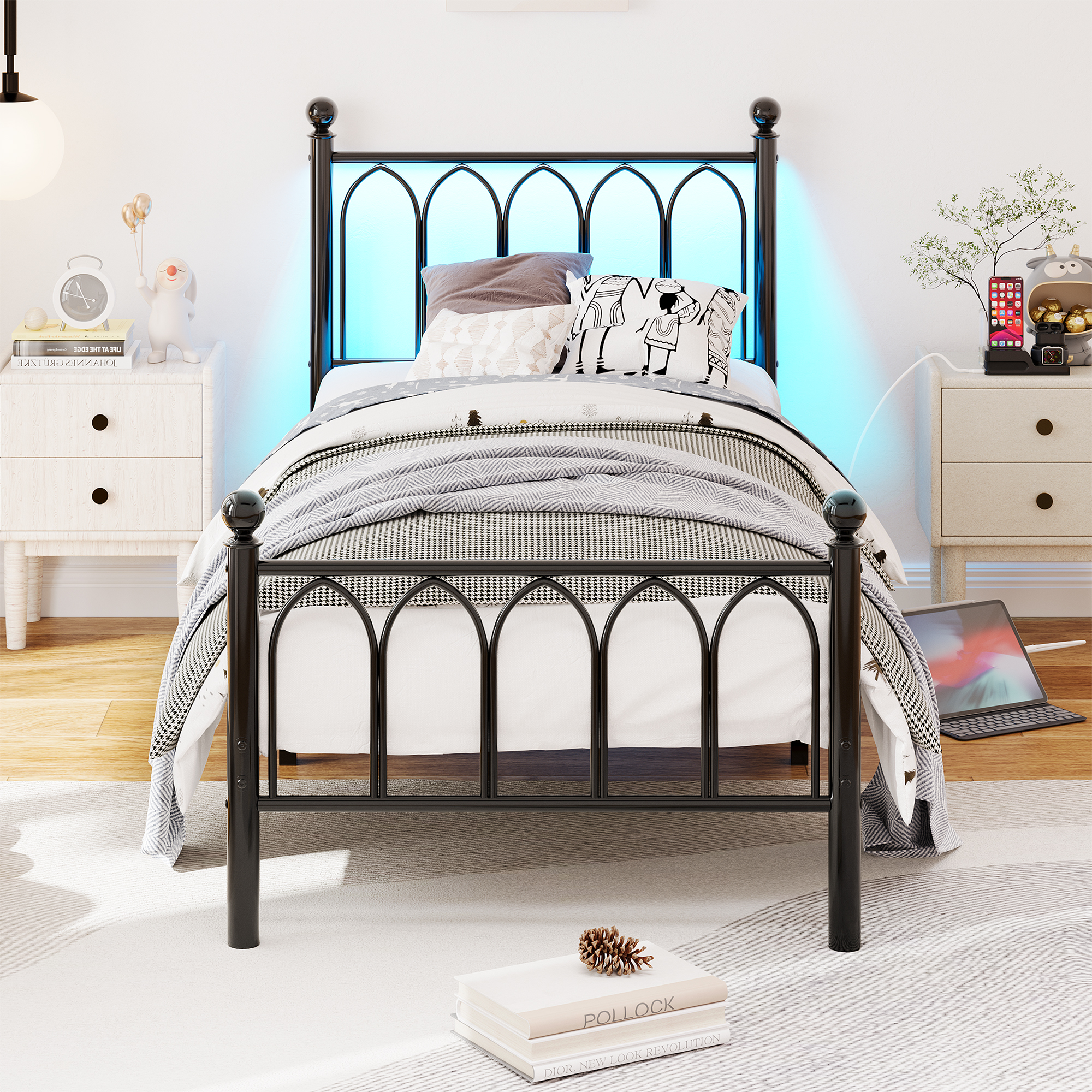 90x200cm Metal Bed Frame With Vintage Head And Footplate, USB Charging Station, LED Bed Frame, Heavy Duty Steel Slat Support, Range Underbed Storage, No Box Spring Required, Black
