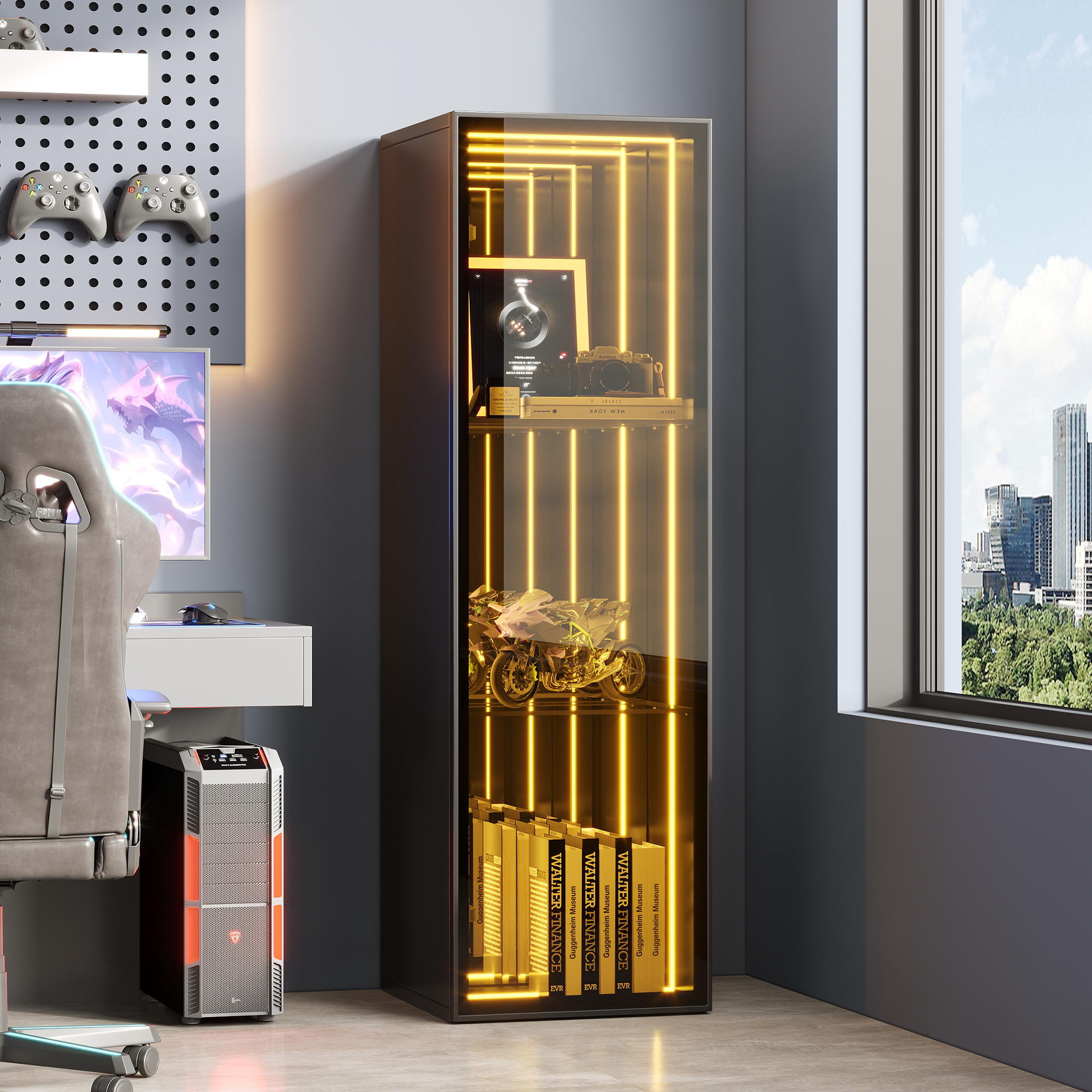30 X 30 X 90 Cm, Cabinet Doors With Aluminium Frames, Tempered Glass, Three Storage Compartments, Adjustable Shelves, LED Light Strip, Soft-close Hinges, Cool Black.28