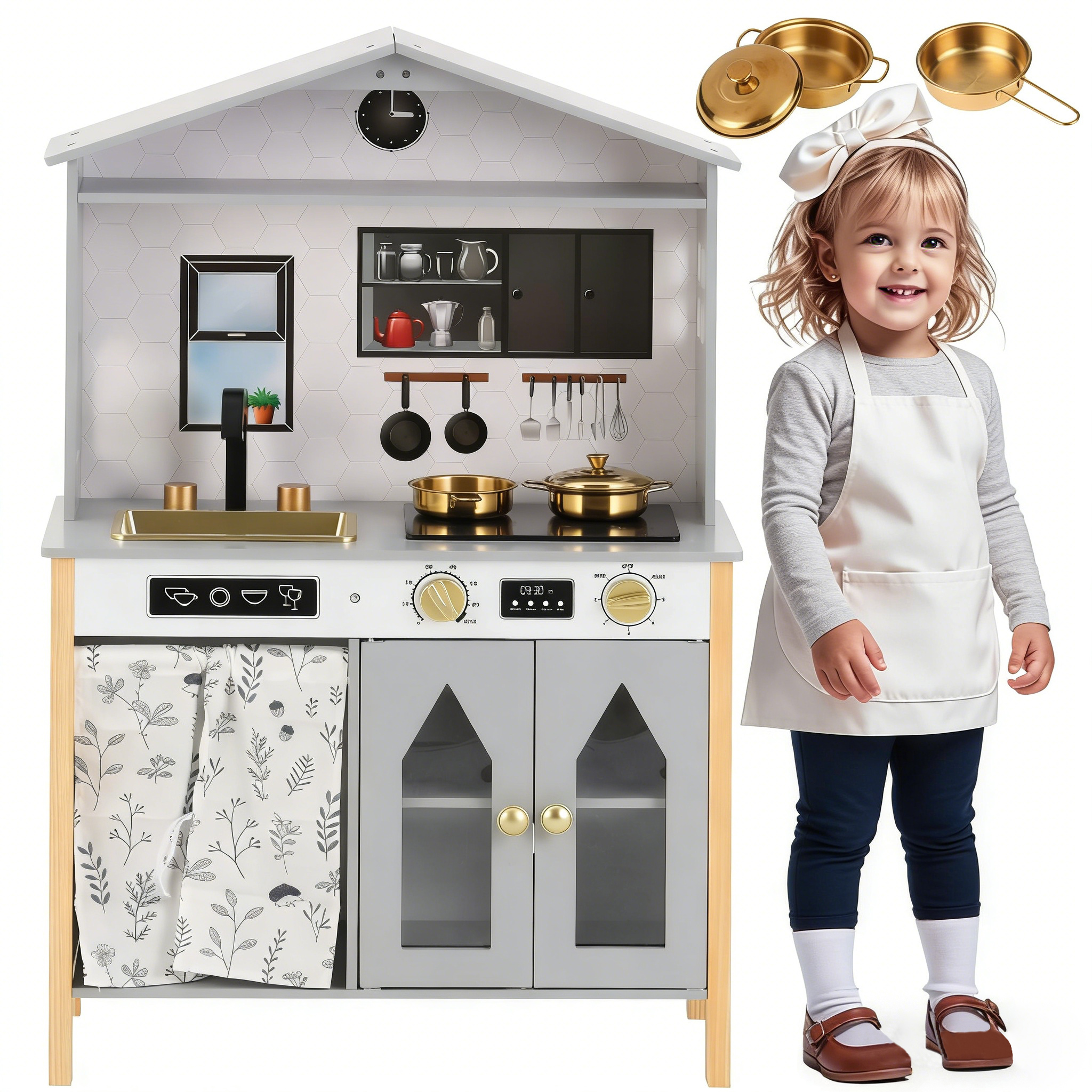 Children's Kitchen, Play Kitchen-Creative House Design, Accessories And Surprise Effects, Suitable For Children From 3 Years, Wood   Plastic, Grey, 28.5x60x92cm