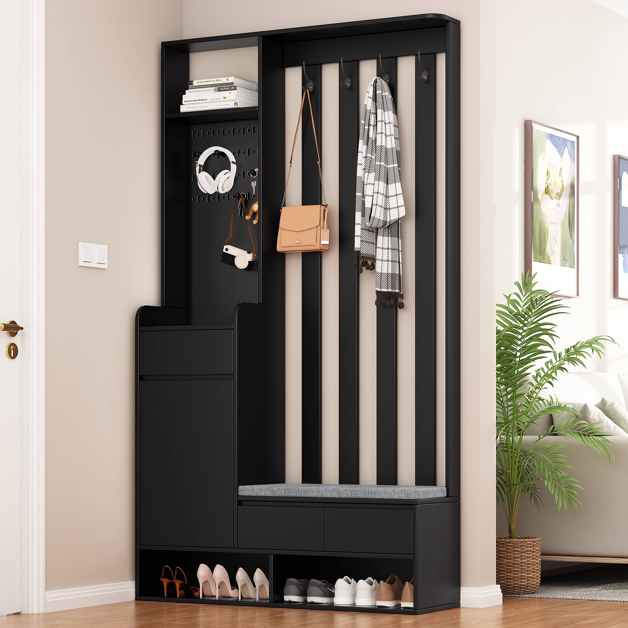 Hallway Coat Rack With Upholstered Storage Bench, Multifunctional Hallway Shoe Cabinet With Pegboard, Modern Coat Rack With 4 Hooks For Entrance Area, Laundry Room, Black, H180 W100 D35 Cm