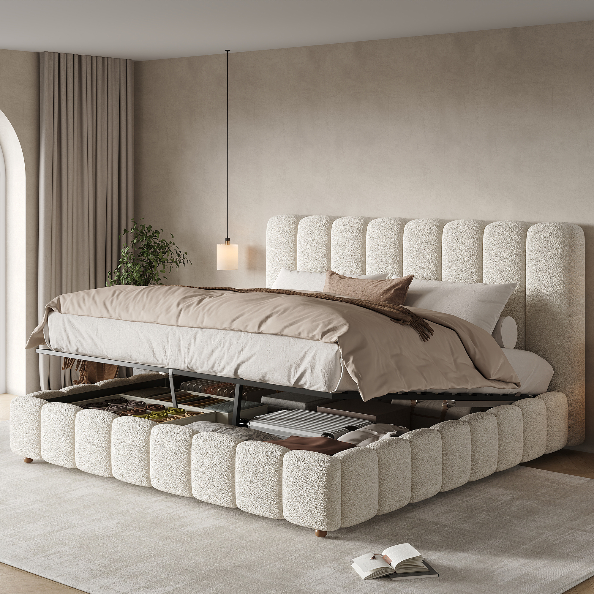 Upholstered Bed, Double Bed, 160x200cm, Hydraulic Functional Bed, Bed With Slatted Base, Headboard And Large Storage Space, Upholstered Headboard, White Boucle