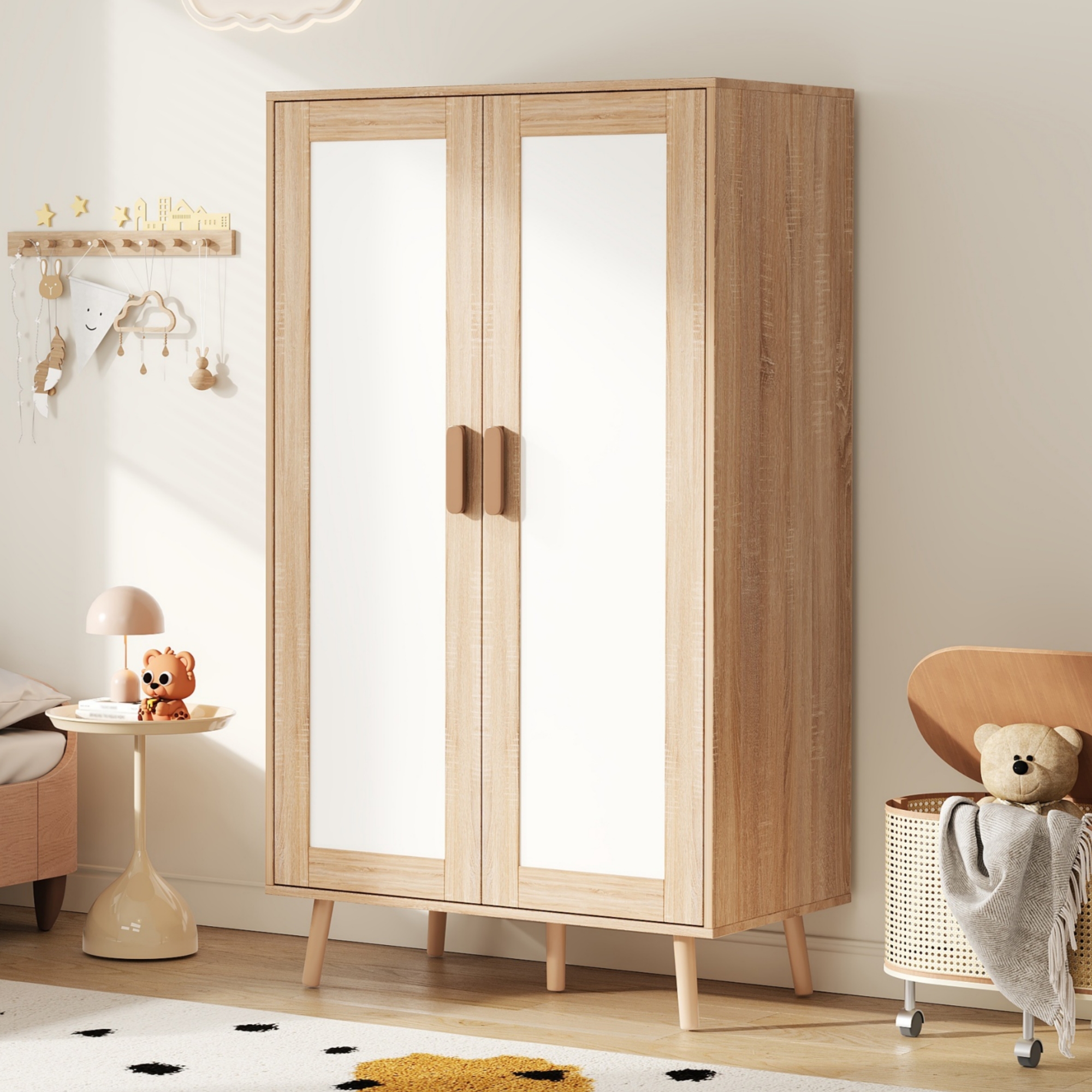Double-door Wardrobe, 2-door Wardrobe, Two-door Wardrobe With Clothes Rail, Bedroom Wardrobe, Children's Wardrobe, 80 X 46 X 141.5 Cm, In White & Natural Wood Look