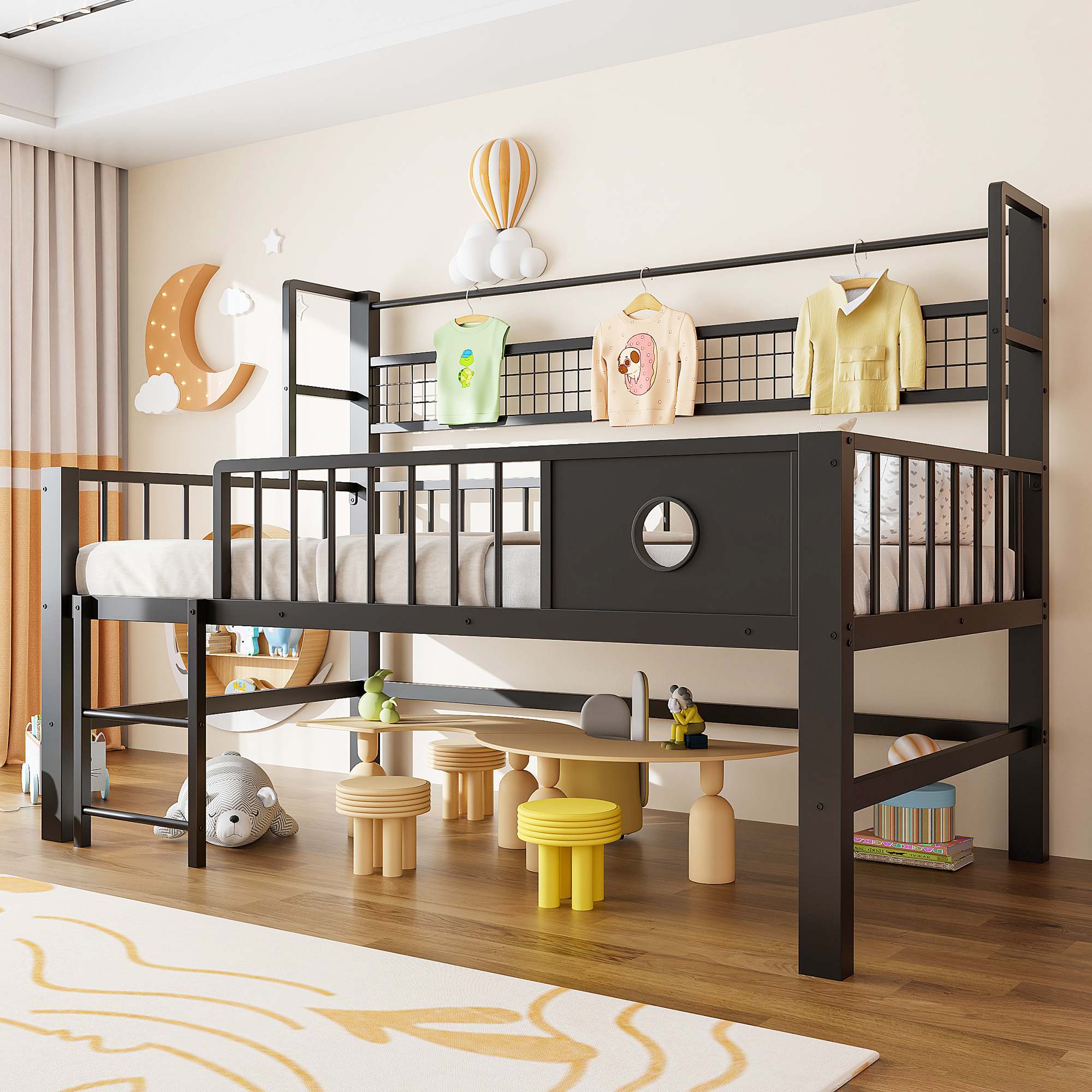 Children's Bed 90x200cm, Low Loft Bed With Metal Frame And Storage Compartments, Suitable For Children And Teenagers.