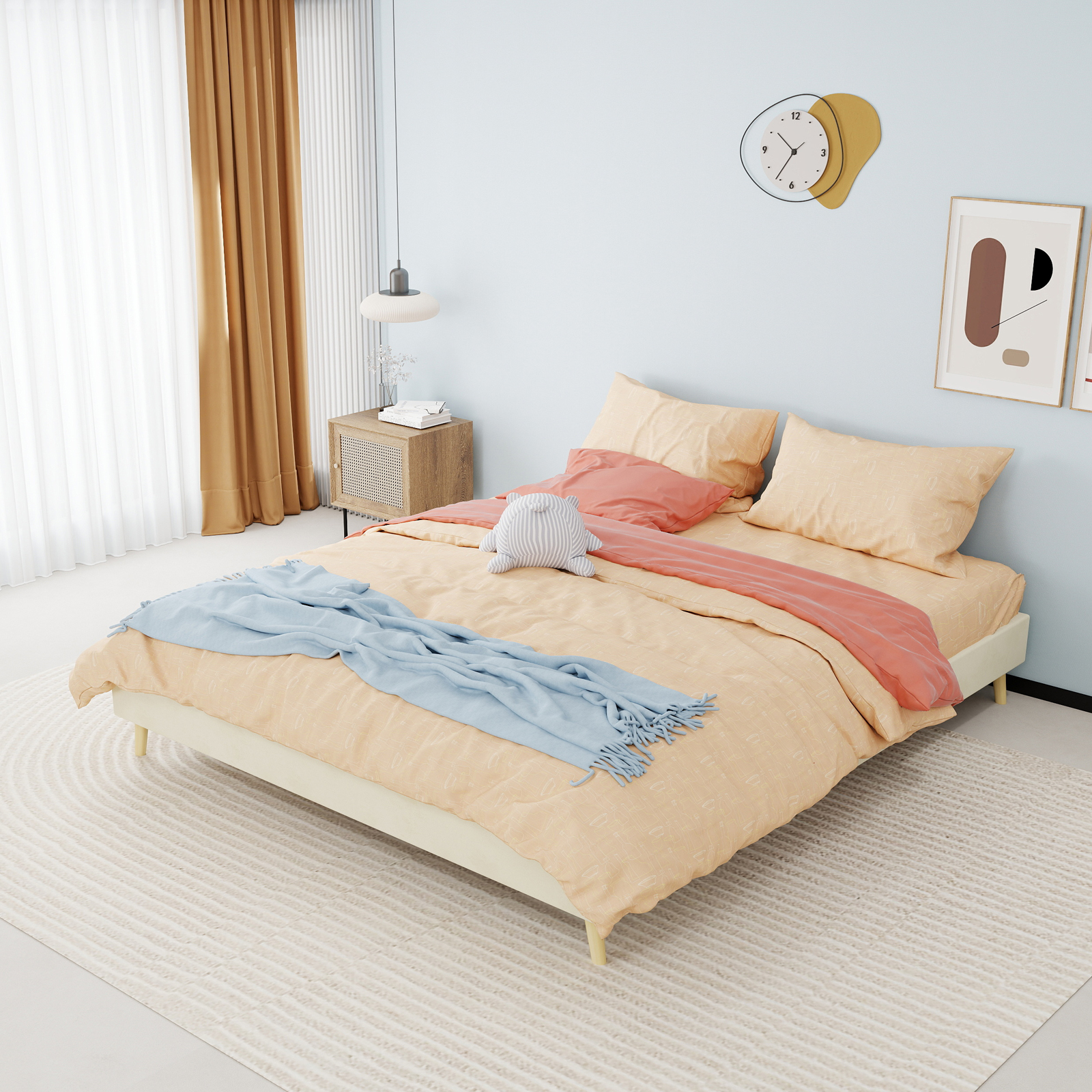Cadre de lit minimaliste moderne, 160 x 200 cm, beige, tissu velours hollandais,