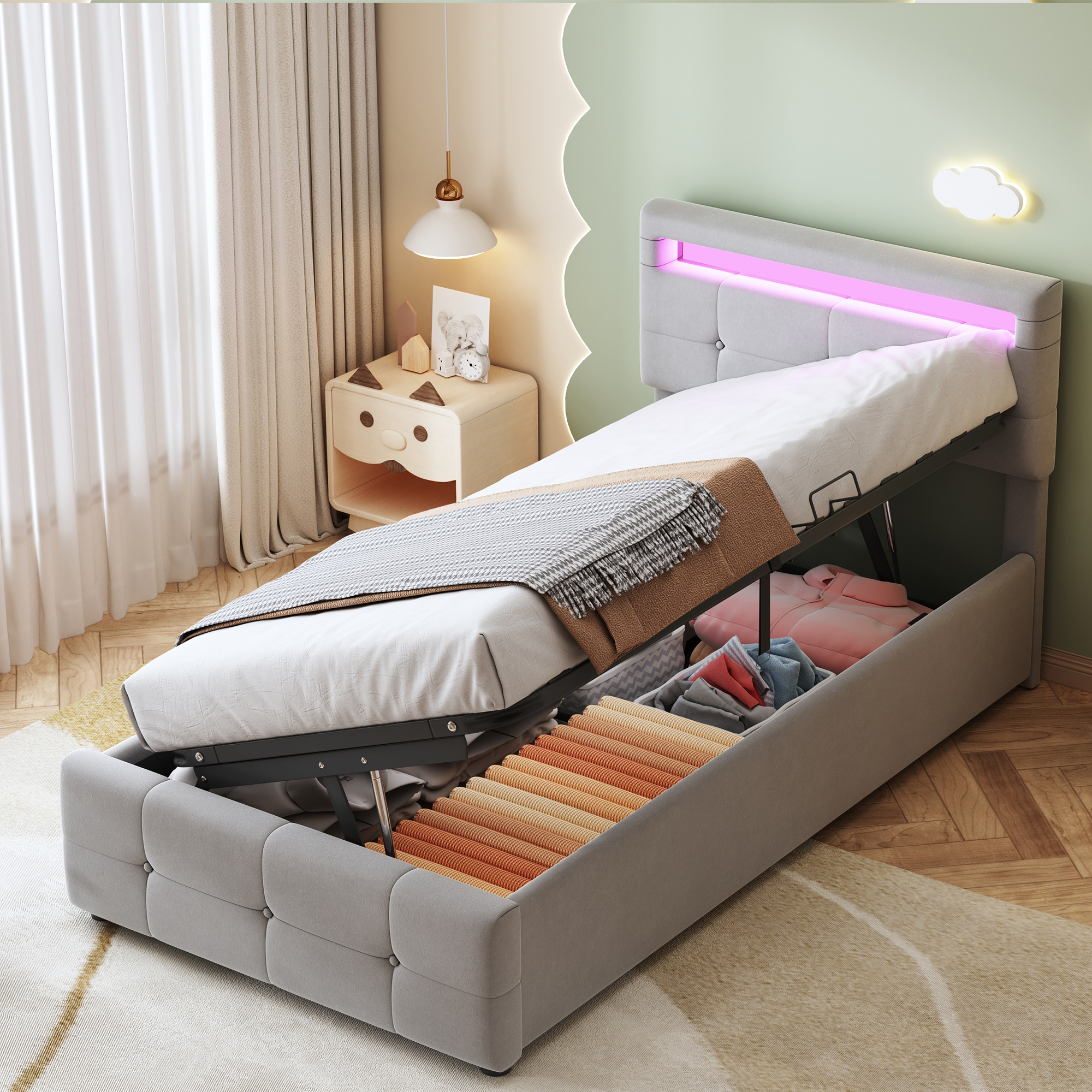 Upholstered Bed Children's Bed 90x200 Cm, With LED Lighting, Hydraulic Storage Bed, Height-Adjustable Headboard, Single High Box Bed, Velvet Fabric, Grey