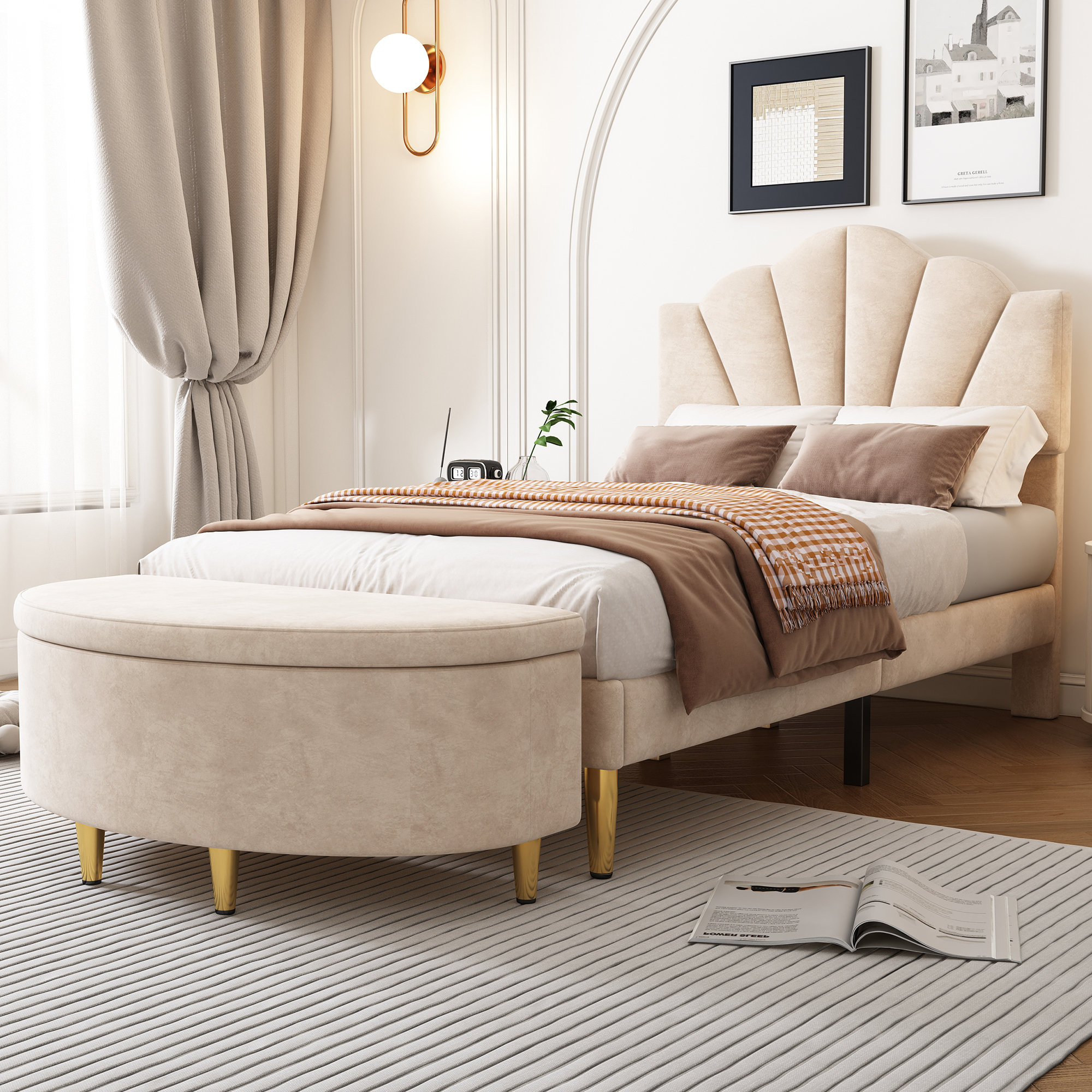 Velvet, Upholstered Bed, 90x200 Cm, Shell-like Bed With Golden Iron Legs, Height-adjustable Headboard, Wooden Slatted Base, With Upholstered Bench, Bench With Storage Space, Beige