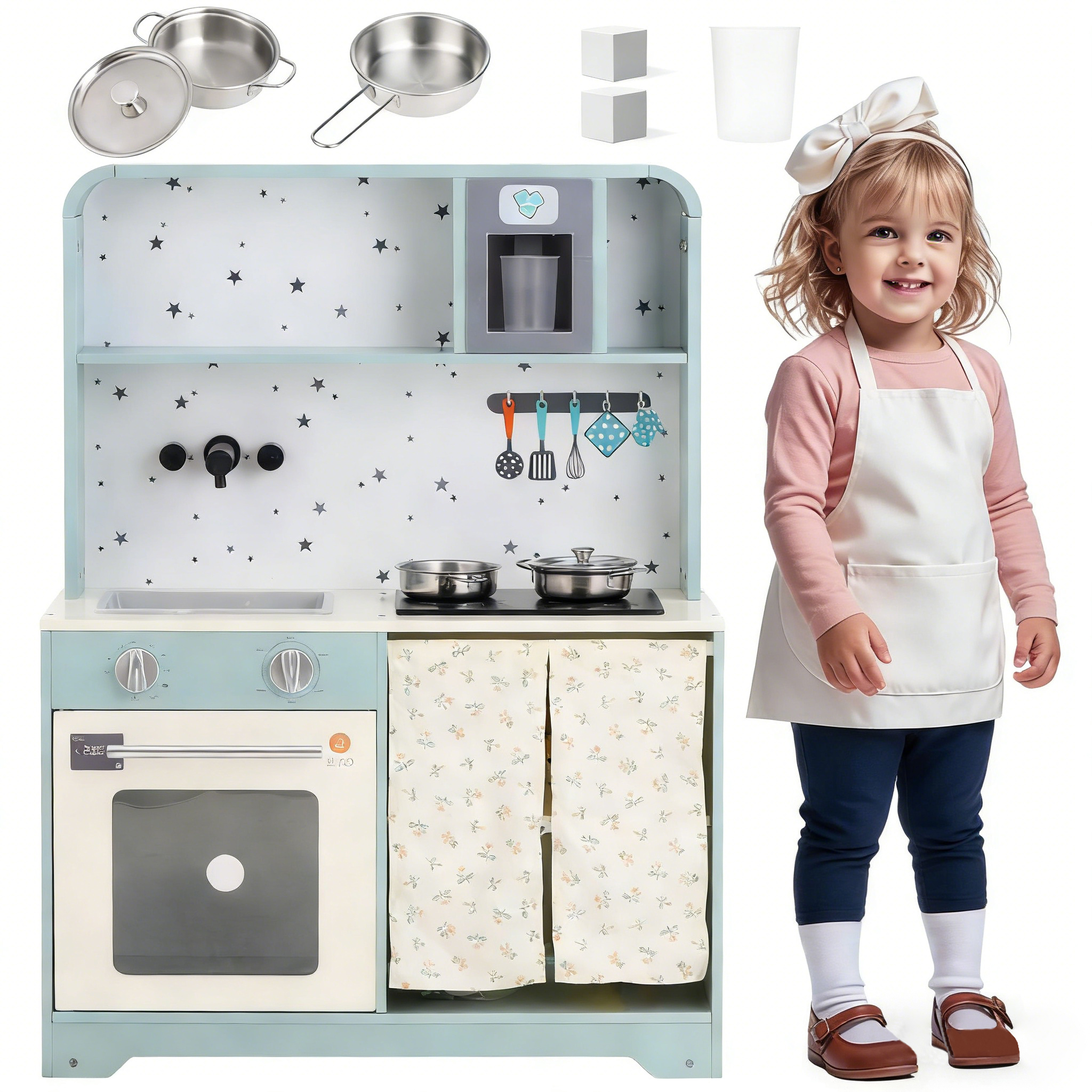 Children's Kitchen, Play Kitchen With Ice Maker And Microwave, Accessories And Surprise Effects, An Excellent Gift For Children Aged 3 And Over, Wood  Plastic, Blue, 29x60x81cm