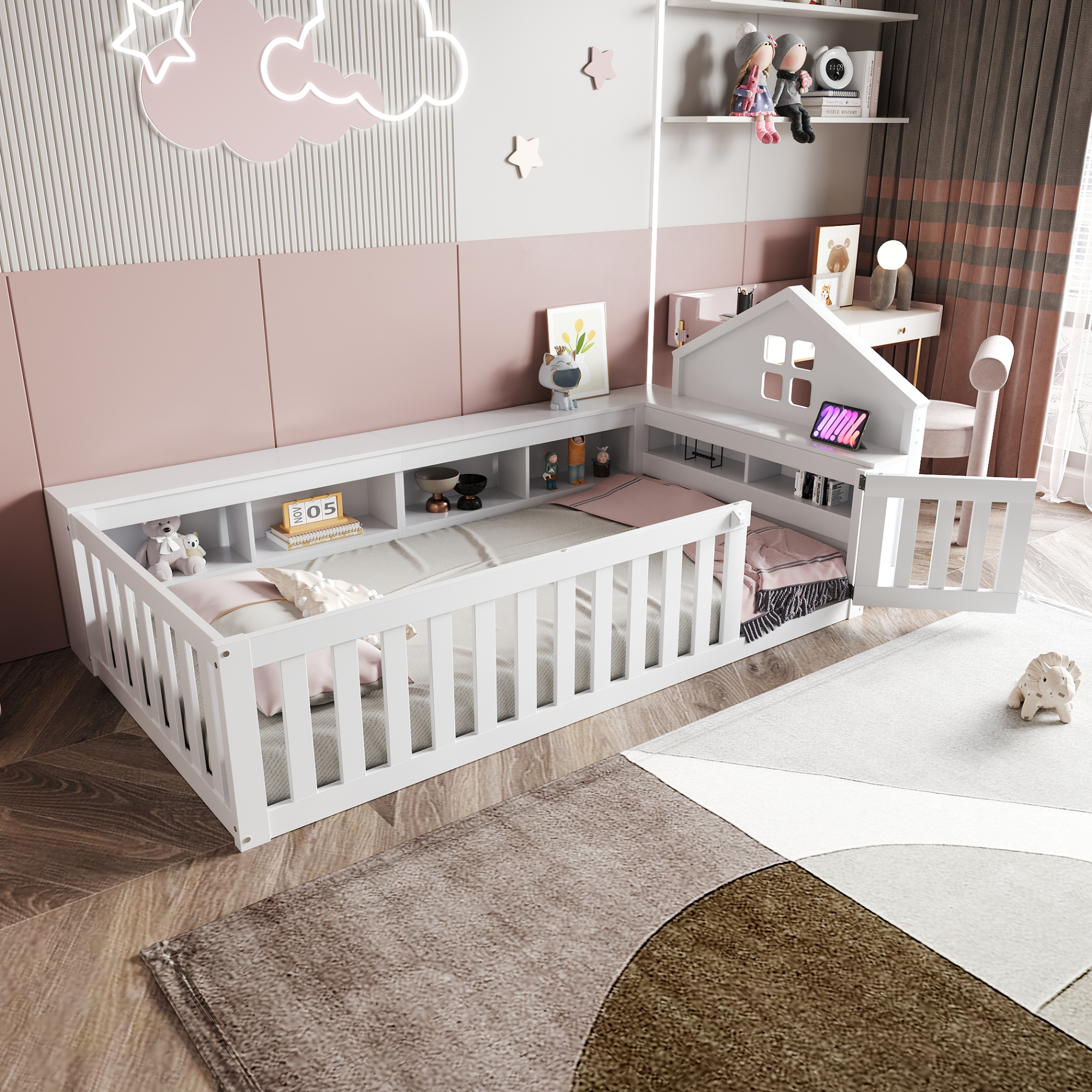 Children's Bed 90 X 200 Cm, With Roof Strip And Window, With Storage Compartment, With Safety Grille And Door, All-round Safety Protection, Solid Wood Bed With Slatted Base, Single Bed, White