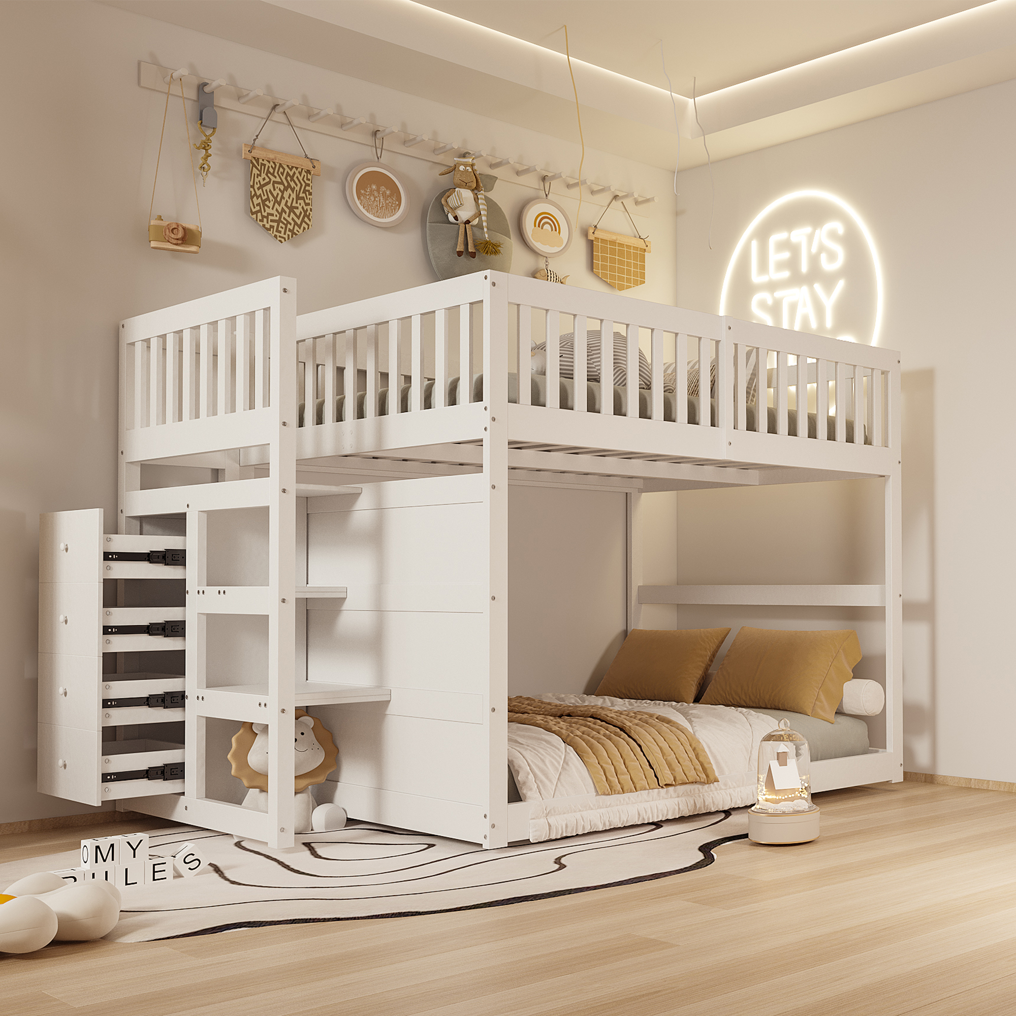 Low Bunk Bed140 X 200 Cm, Safety Bunk Bed With Storage Compartment, High Fence Design, Wooden Bed, White