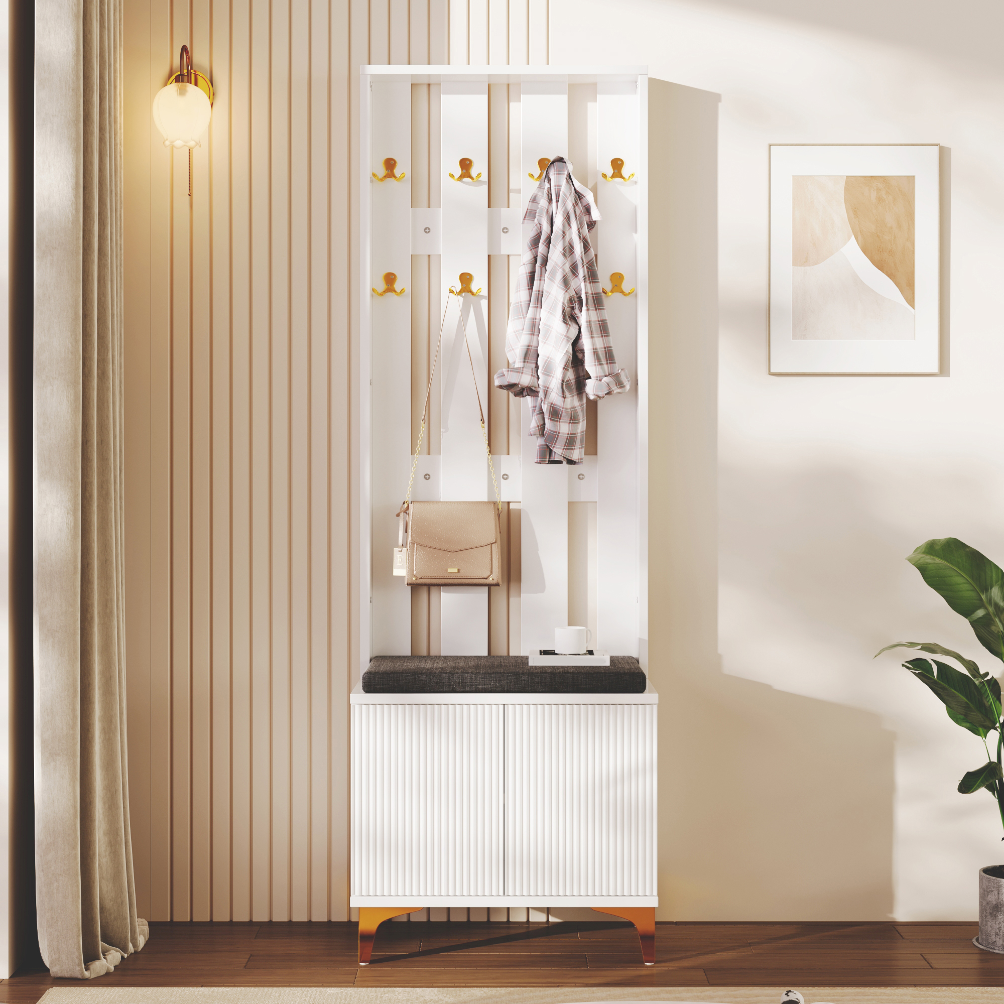 Ensemble de porte-manteaux avec banc et coussin pour chaussures, crochet avant