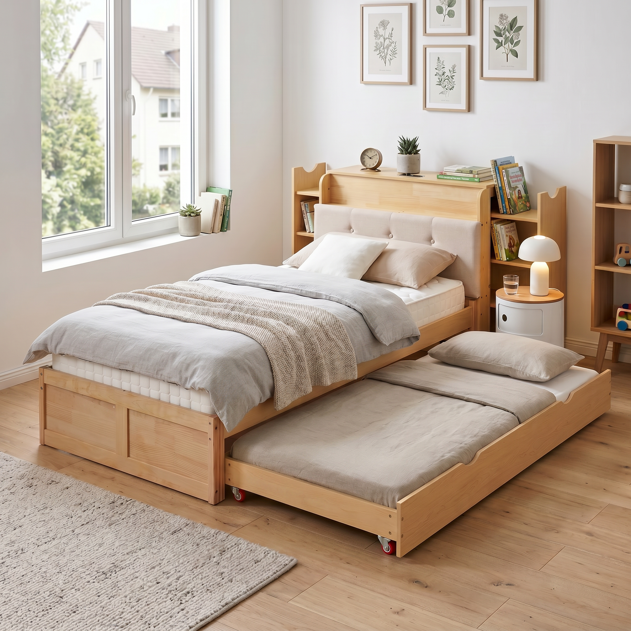 90x200cm Bed With Pull-out Guest Bed, Multifunctional Study And Sleeping Bed With Padded Headboard, EU Socket & USB Port, Storage Space Design For Chi