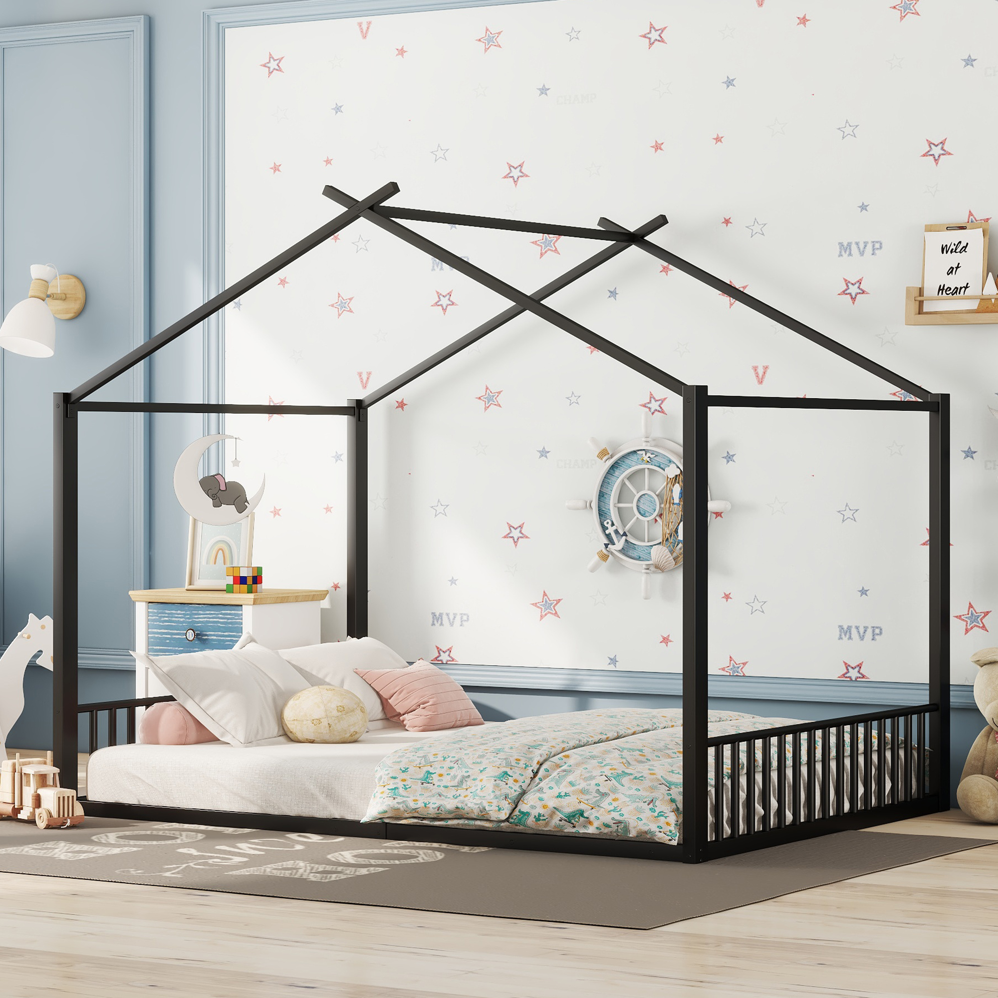 140x200cm Flat Bed, Iron Frame Bed, Baby Bed, House Skirting, Black