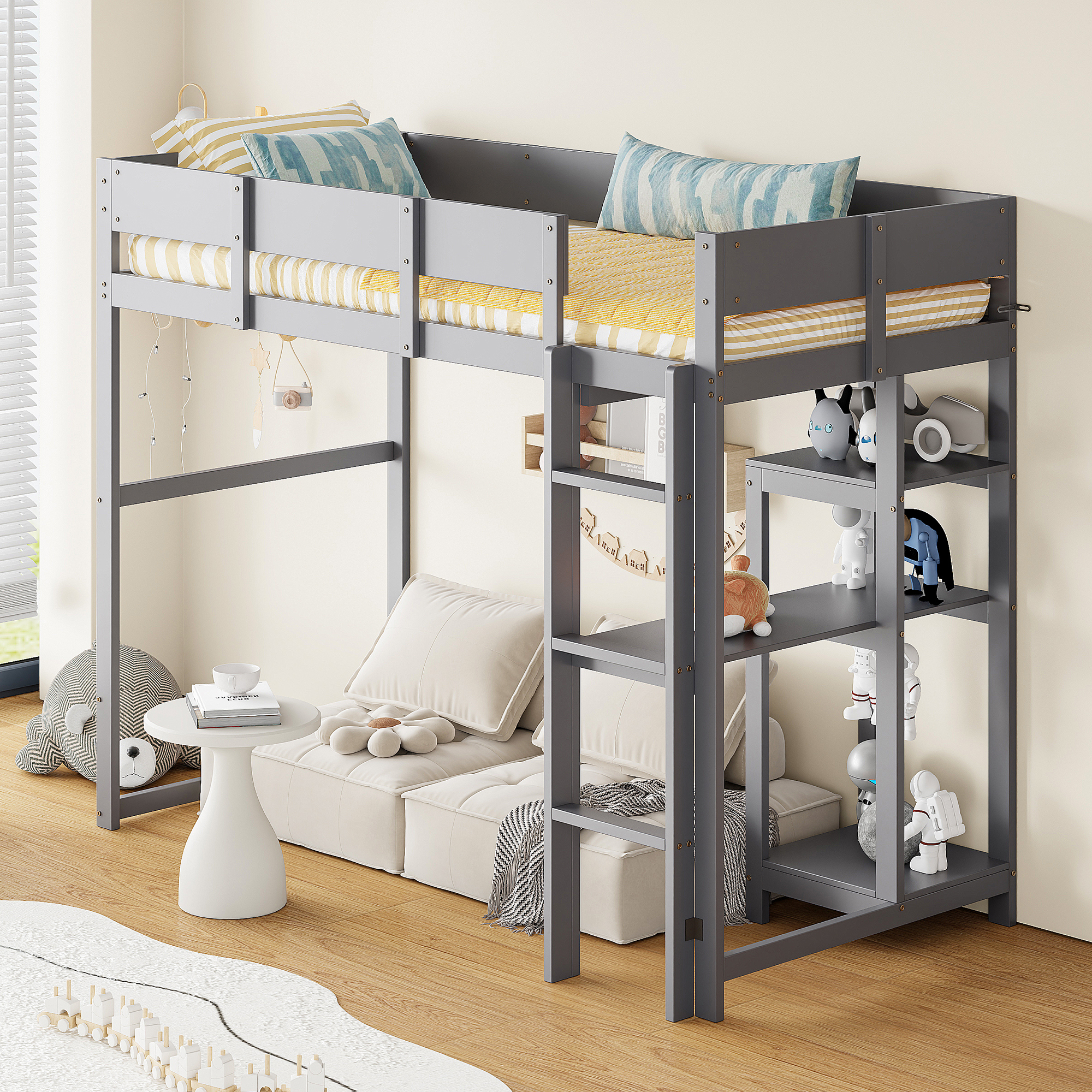 Loft Bed With Shelf 90 X 200 Cm, Bed Frame Made Of Solid Pine Wood With Slatted Frame, Bed For Children And Teenagers Grey