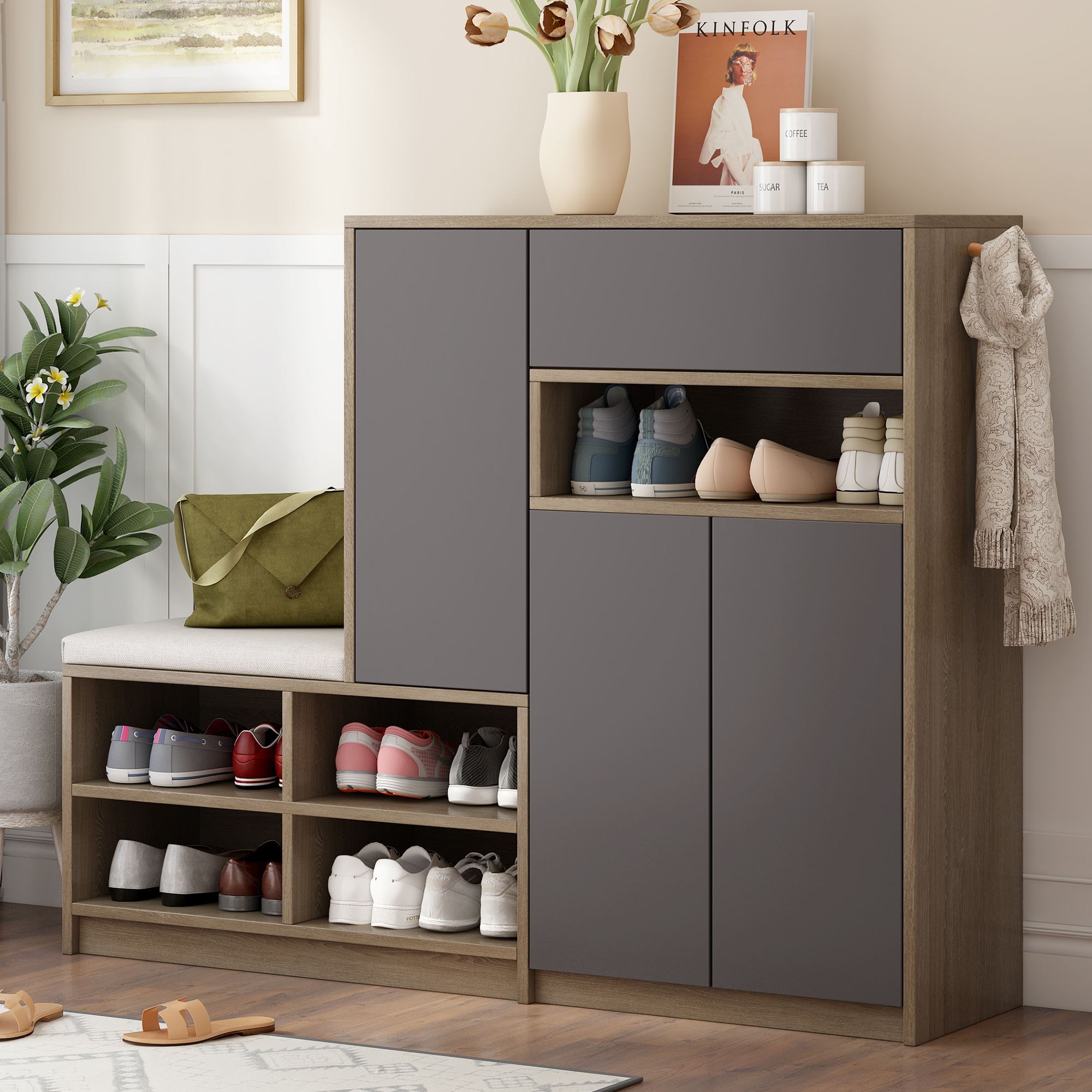 Shoe Storage Bench & Shoe Cabinet, Multifunctional Shoe Rack With Upholstered Seat And Adjustable Shelves, Suitable For Hallway And Entryway, Grey, 140 35 110cm  Old SKU N657P21675657G