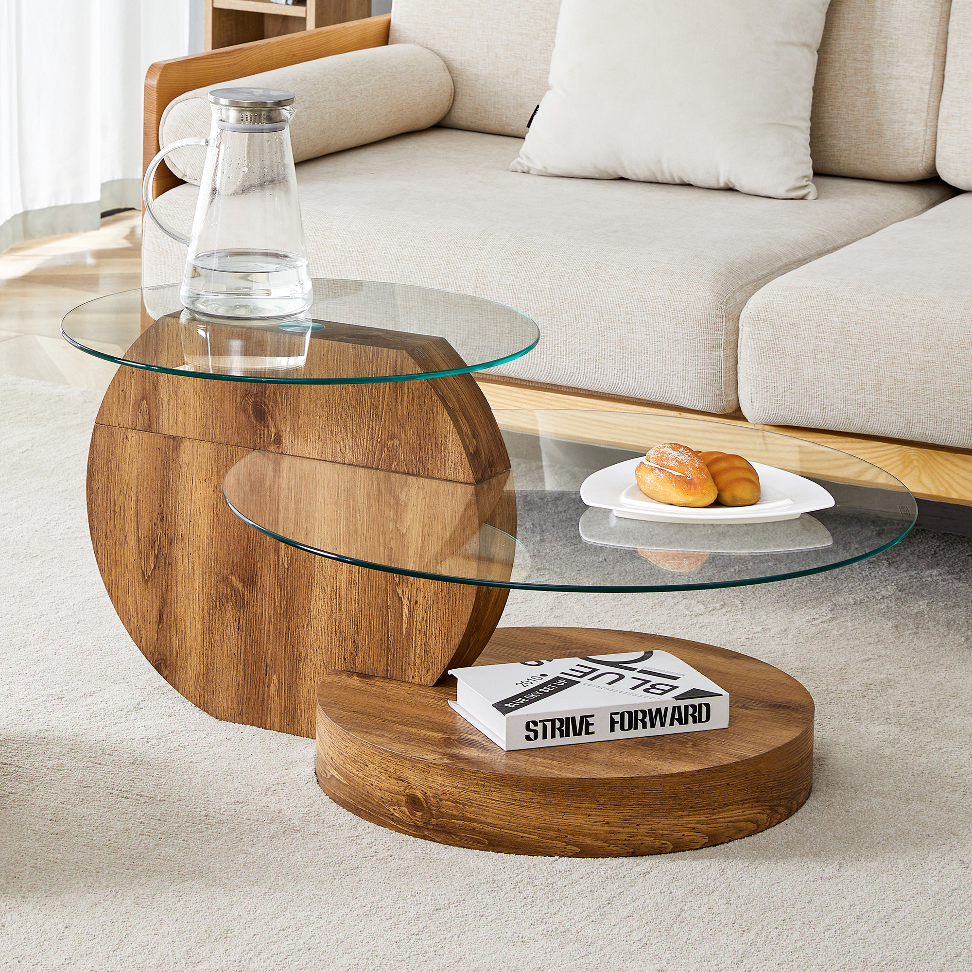 Modern Minimalist Tempered Glass Coffee Table, Multi-layer Design, High-quality MDF Material As Support, With Natural Wood Texture Stickers. Lots Of C