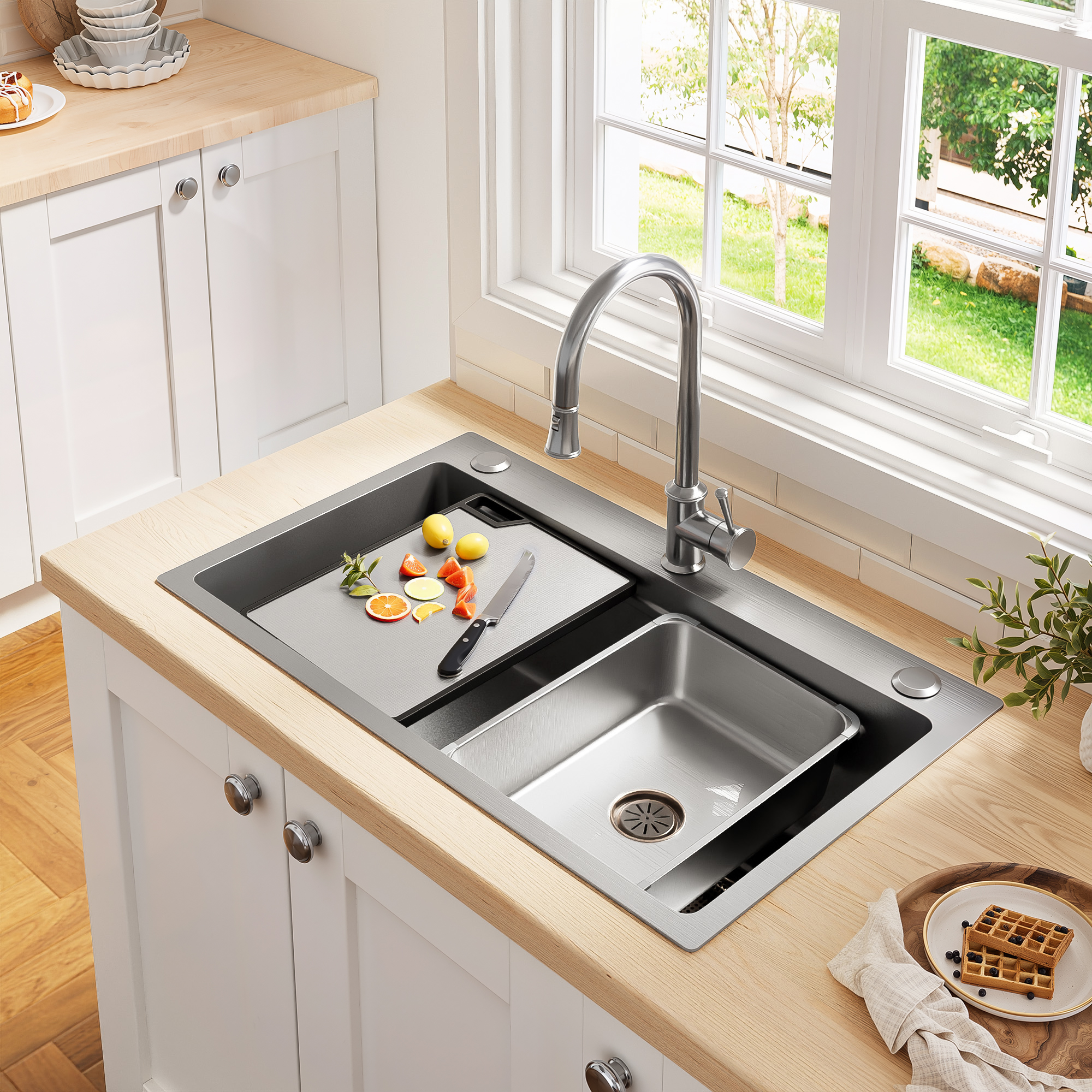 Évier à insert en acier inoxydable de 75 x 45 cm avec planche à découper, bassin intérieur supplémentaire