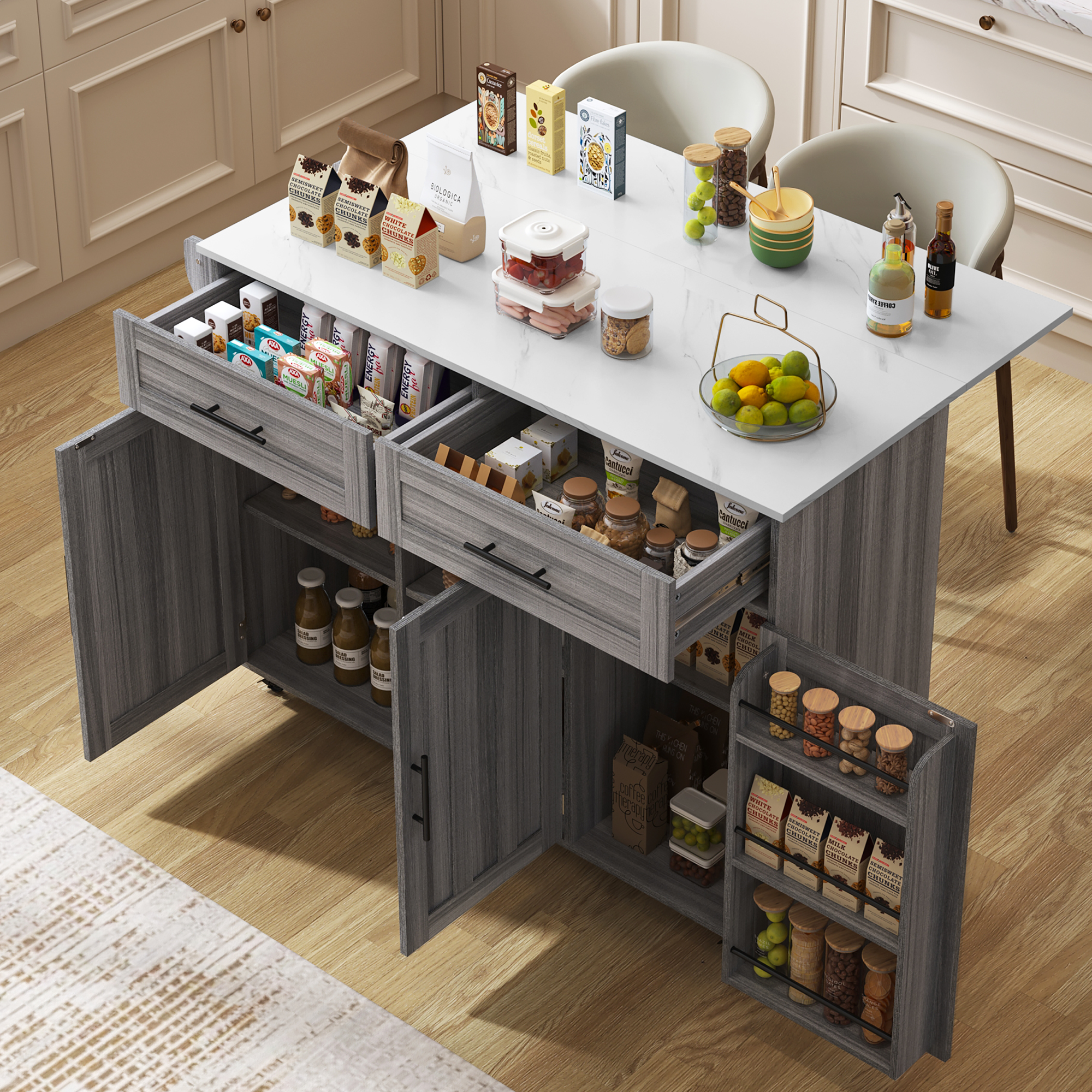 129x46 X91.5 Cm Dining Cart Dining Sideboard, White Marble Countertop And Khaki Gray Wood Grain Cabinet Extendable Countertop Storage Door Design Wheels Solid Wood Legs Switchable Ideal For Home
