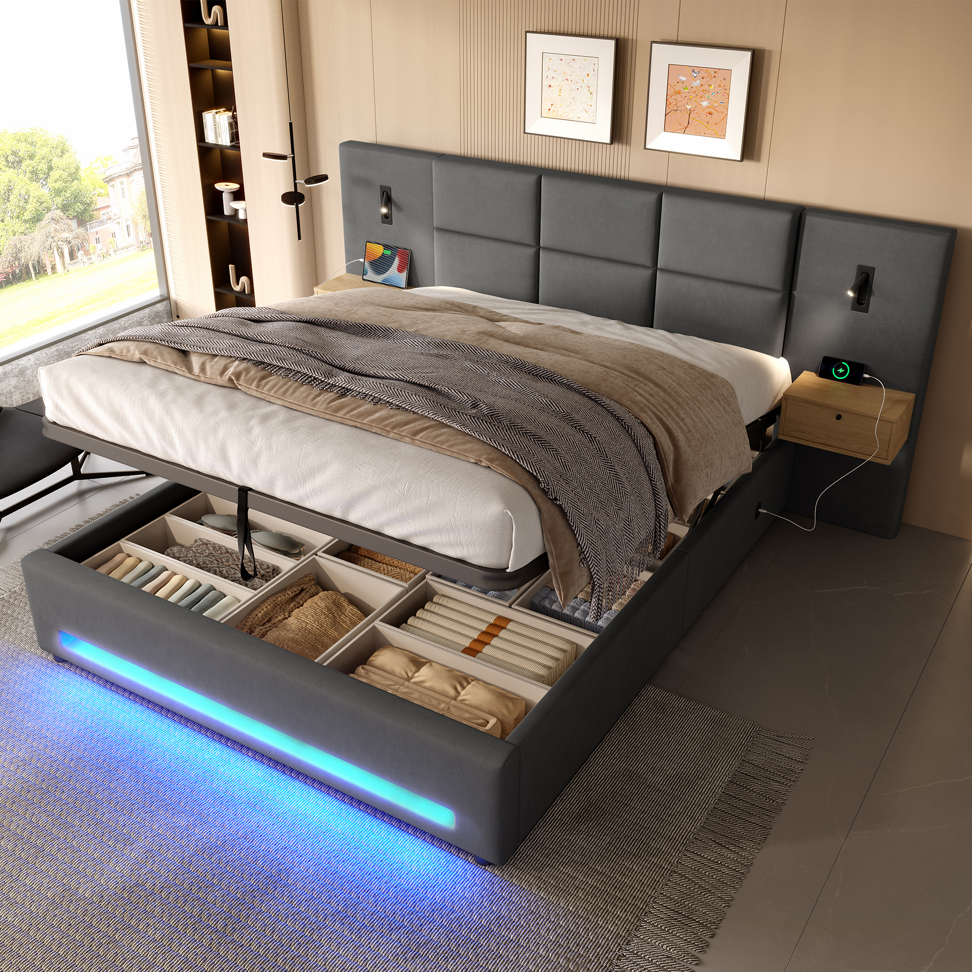 180x200cm European Upholstered Bed With Velvet Headboard, Practical Storage Drawers, LED Night Light, USB-C Ports, Hydraulic Underbed Storage And Robust Metal Frame 200 Kg Load Capacity