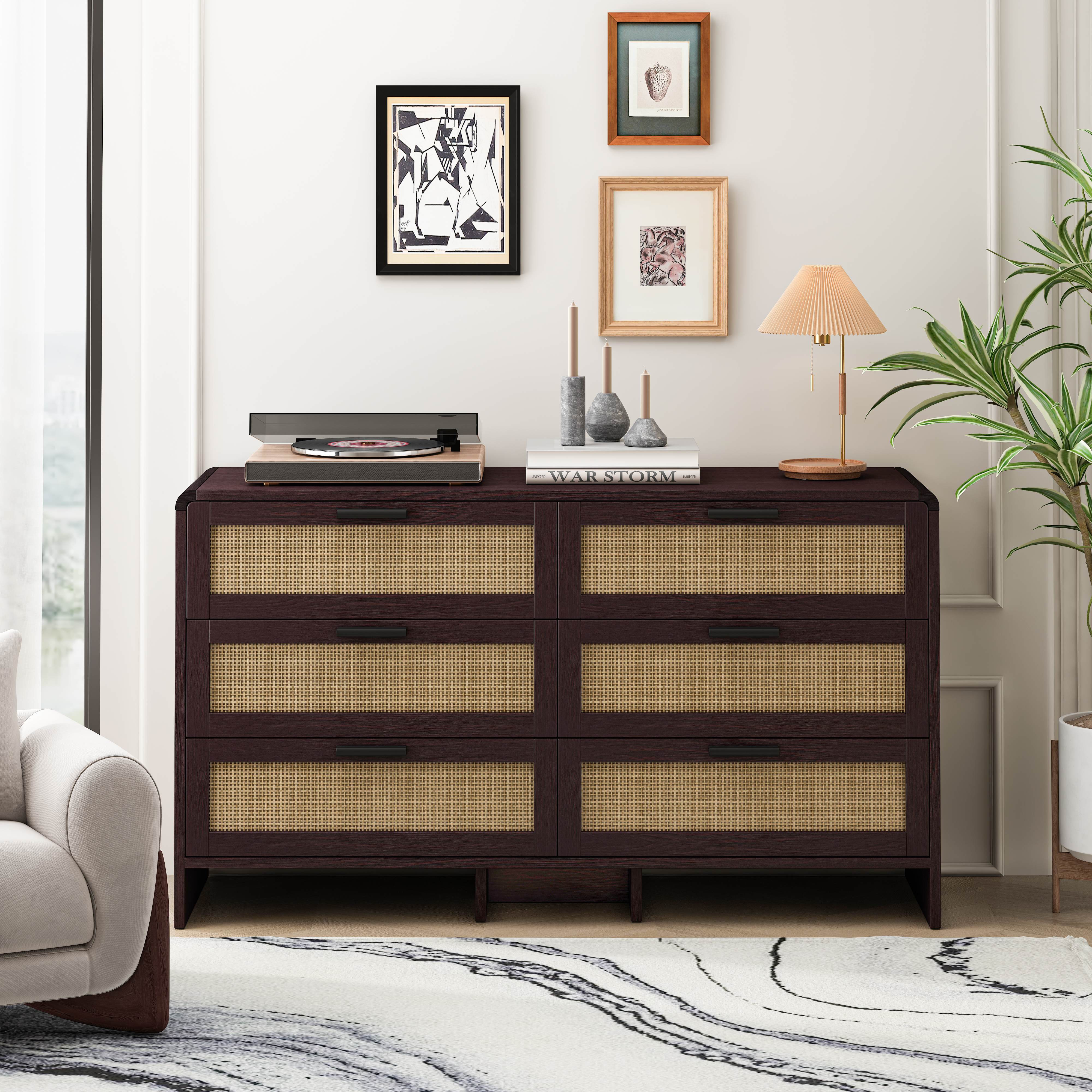 130CM  Shaped Corner Rattan Cabinet, 6-Drawers Rattan Storage Cabinet Rattan Drawer, For Living Room Bedroom,and Kitchen, Reddish-brown, Brown