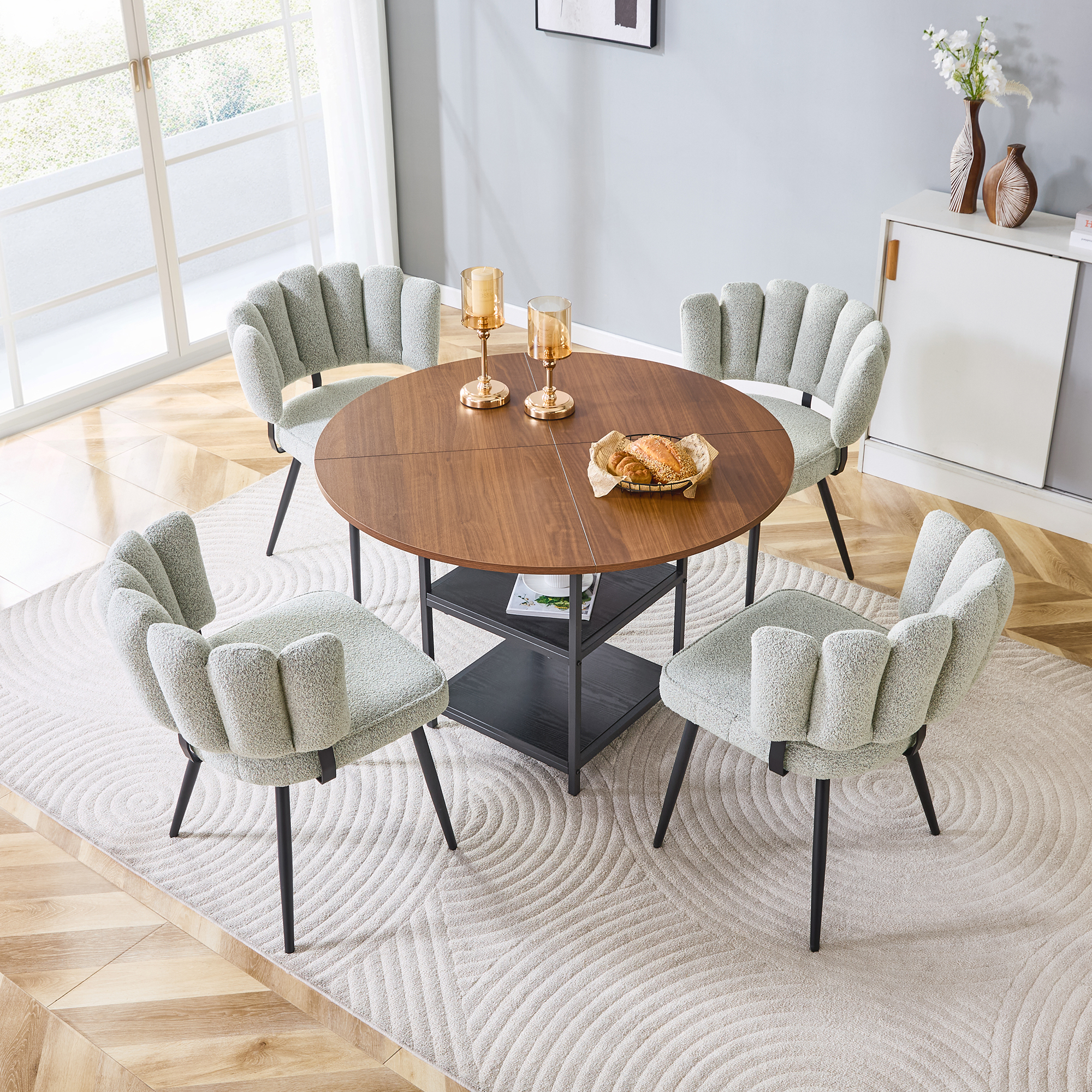 Table And Chair Set. Round 107 Cm Walnut Dining Table With Double Storage Level  4 Cream Grey Fabric Dining Chairs With Flower-shaped Boucle Fabric Ba