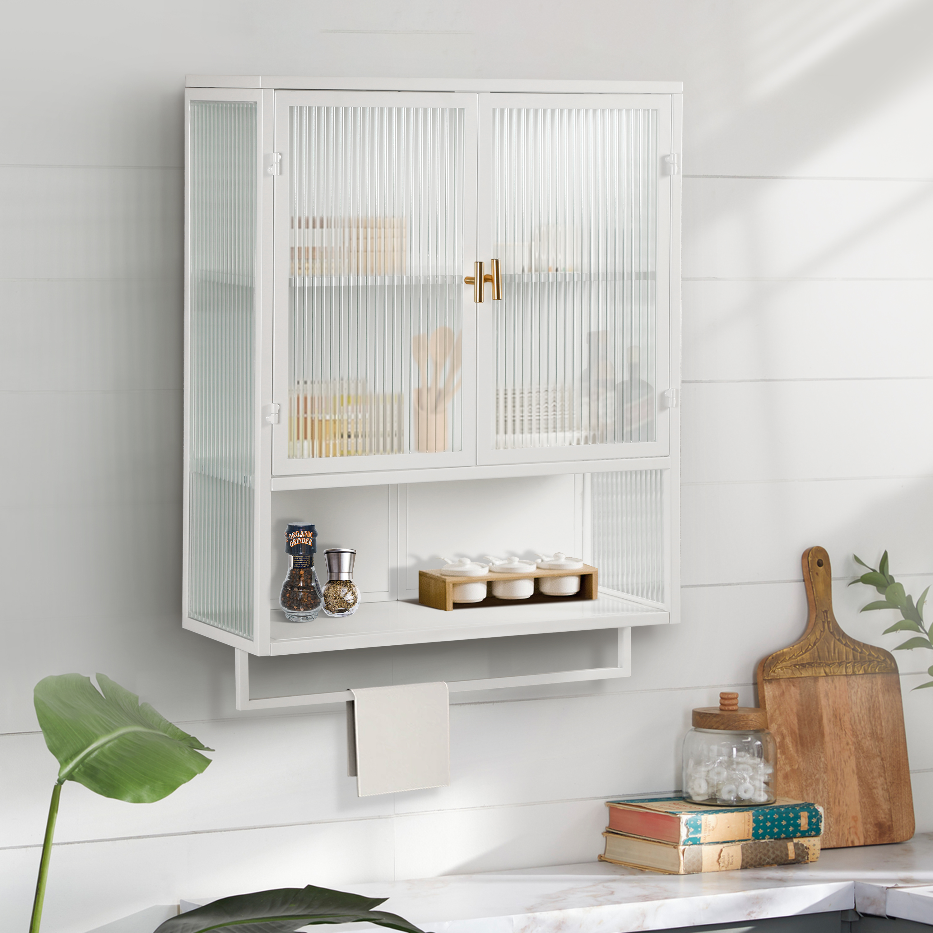 60CM Glass Doors Modern Two-door Wall Cabinet With Featuring Two-tier Enclosed Storage, An Open Shelf, And Towel Rack, For Entryway Living Room Bathroom Dining Room,White