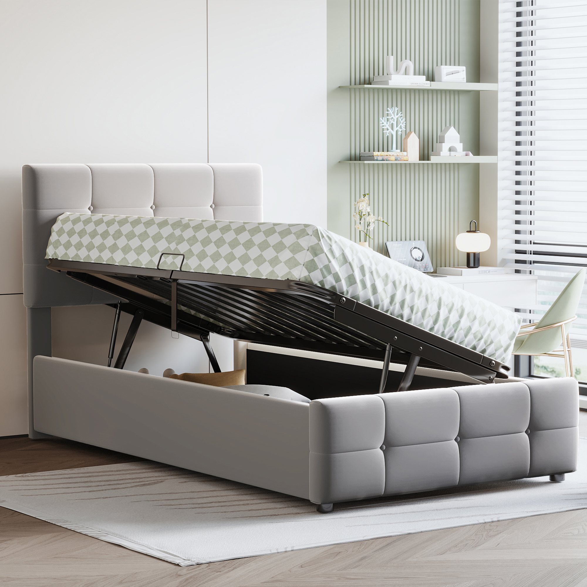 Upholstered Bed Children's Bed 90x200 Cm, Hydraulic Storage Bed, Height-Adjustable Headboard, Single High Box Bed, Velvet Fabric, Grey