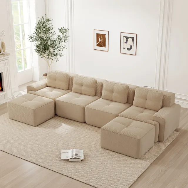 Modulares Cordsofa mit U-förmiger Ottomane