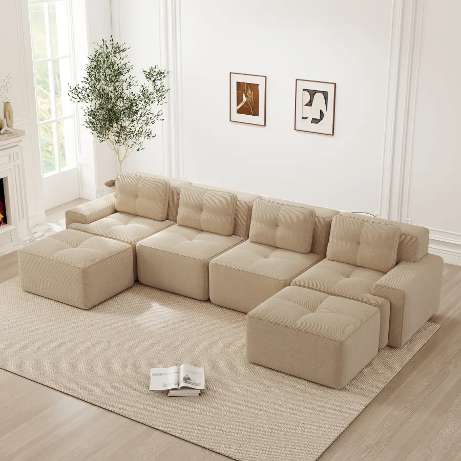 Modulares Cordsofa mit U-förmiger Ottomane