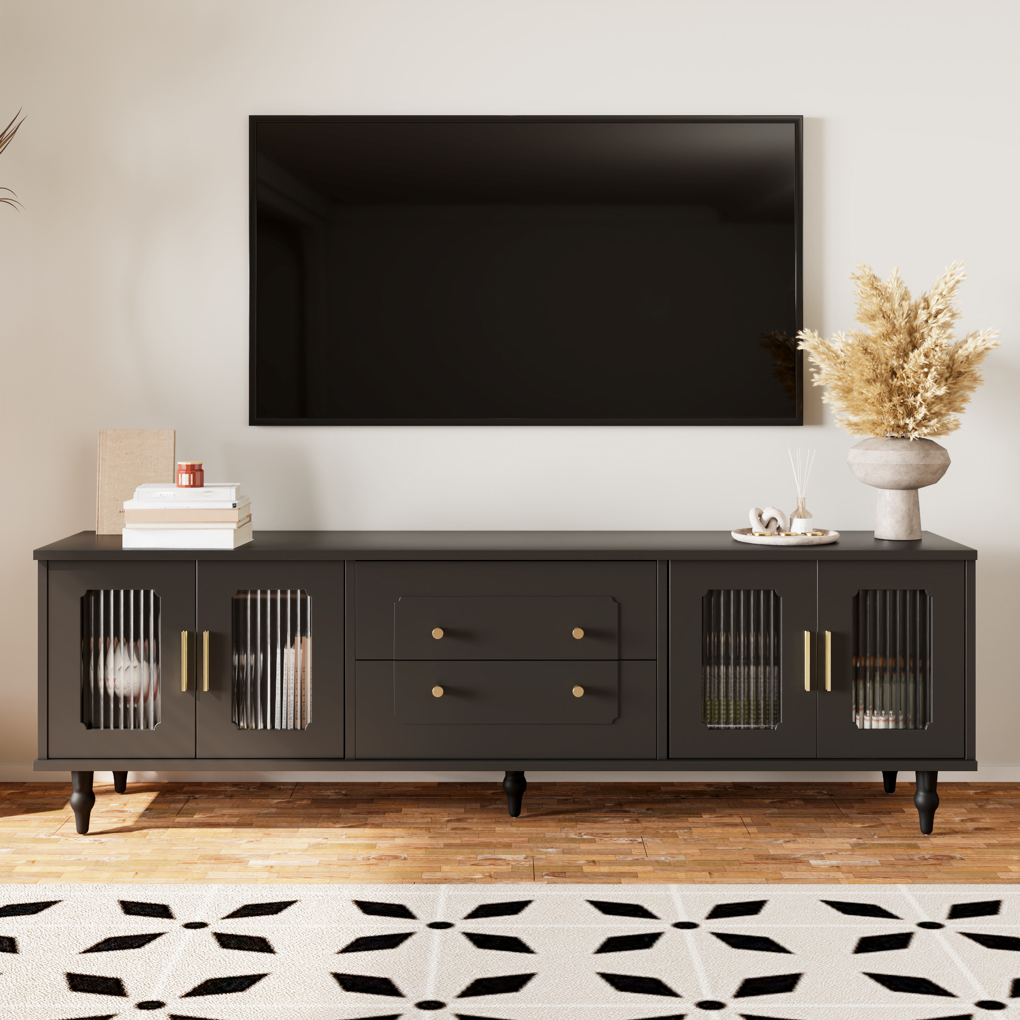 Lowboard, Retro-style TV Stand  Golden Handles, Plenty Of Storage Space. With Glass Door And Solid Wood Legs